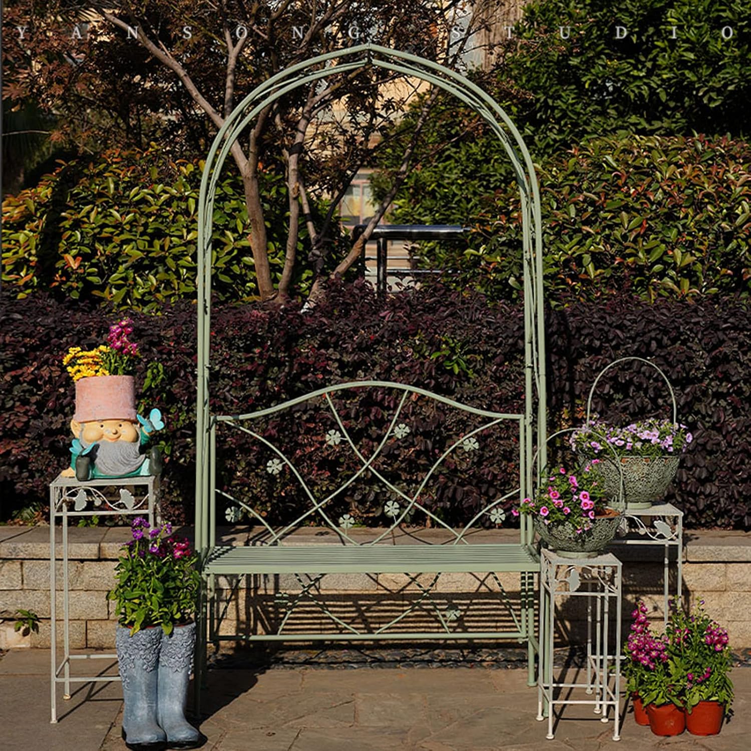 Outdoor courtyard wrought iron arch pavilion with garden benches Garden rose arch pergola Outdoor wedding decoration arch aisle Used for climbing planting backyard terrace party decoration (White)