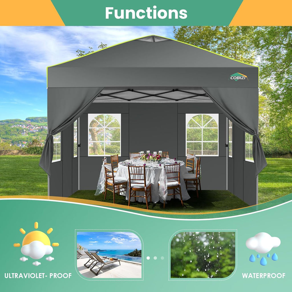 COBIZI 10x10 Pop Up Canopy Tent, Outdoor Party Tent with 4 Sidewall One Push Setup Glow, 3 Adjustable Height Air Vent Waterproof UPF50+, Bag, 4 Sandbag, 8 Stake, 4 Rope for Beach, Commercial