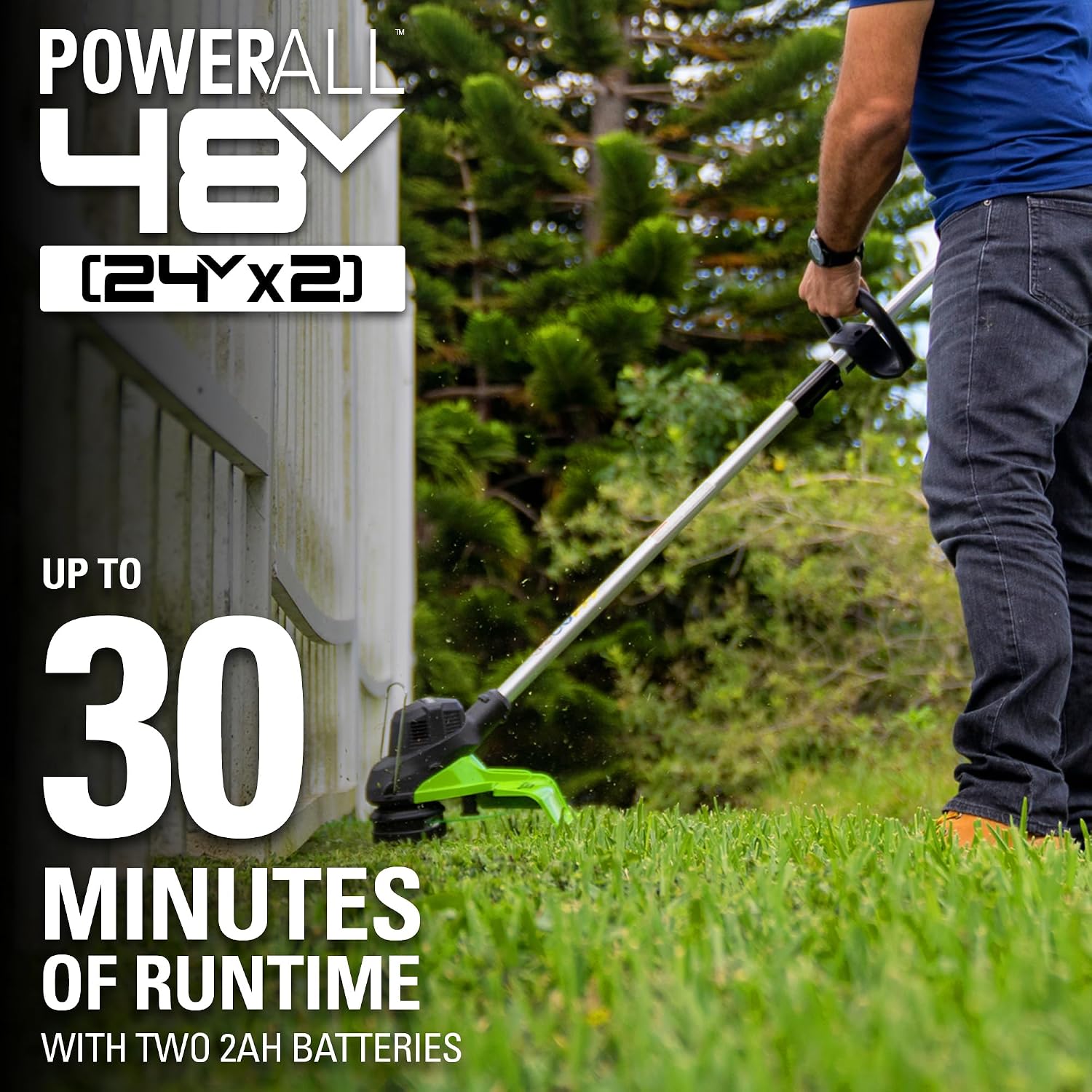 Greenworks 48V (24V x 2) 15' String Trimmer, (2) 2Ah Batteries and 4A Dual Port Charger Included
