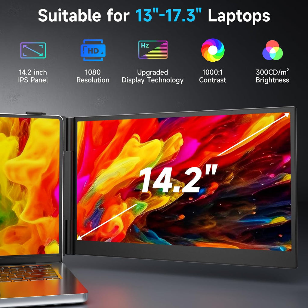 Laptop Screen Extender 0.17' Ultra-Thin, 14.2' FHD 1080P IPS Portable Monitor for Laptop, Dual Screen Travel Monitor Extender Suitable for 13'-17.3' Plug & Play for Windows/Mac/Android/Switch/PS-5