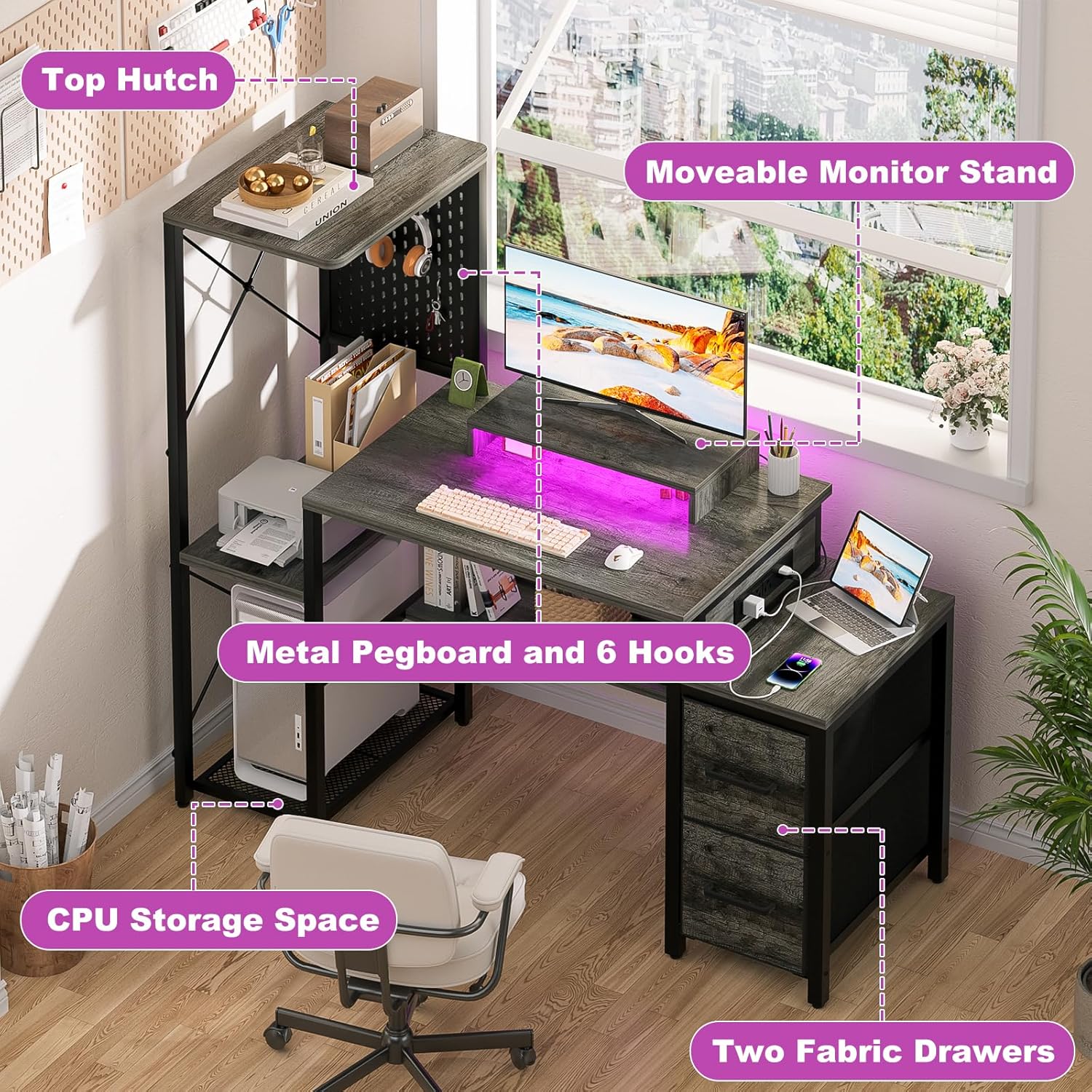 Small Gaming Desk with 2 Fabric Drawers - Reversible Computer Desk with Power Outlet & LED Lights, 49' Office Desk with Monitor Stand & Storage Shelves, Writing Study Table with Pegboard, Grey Oak