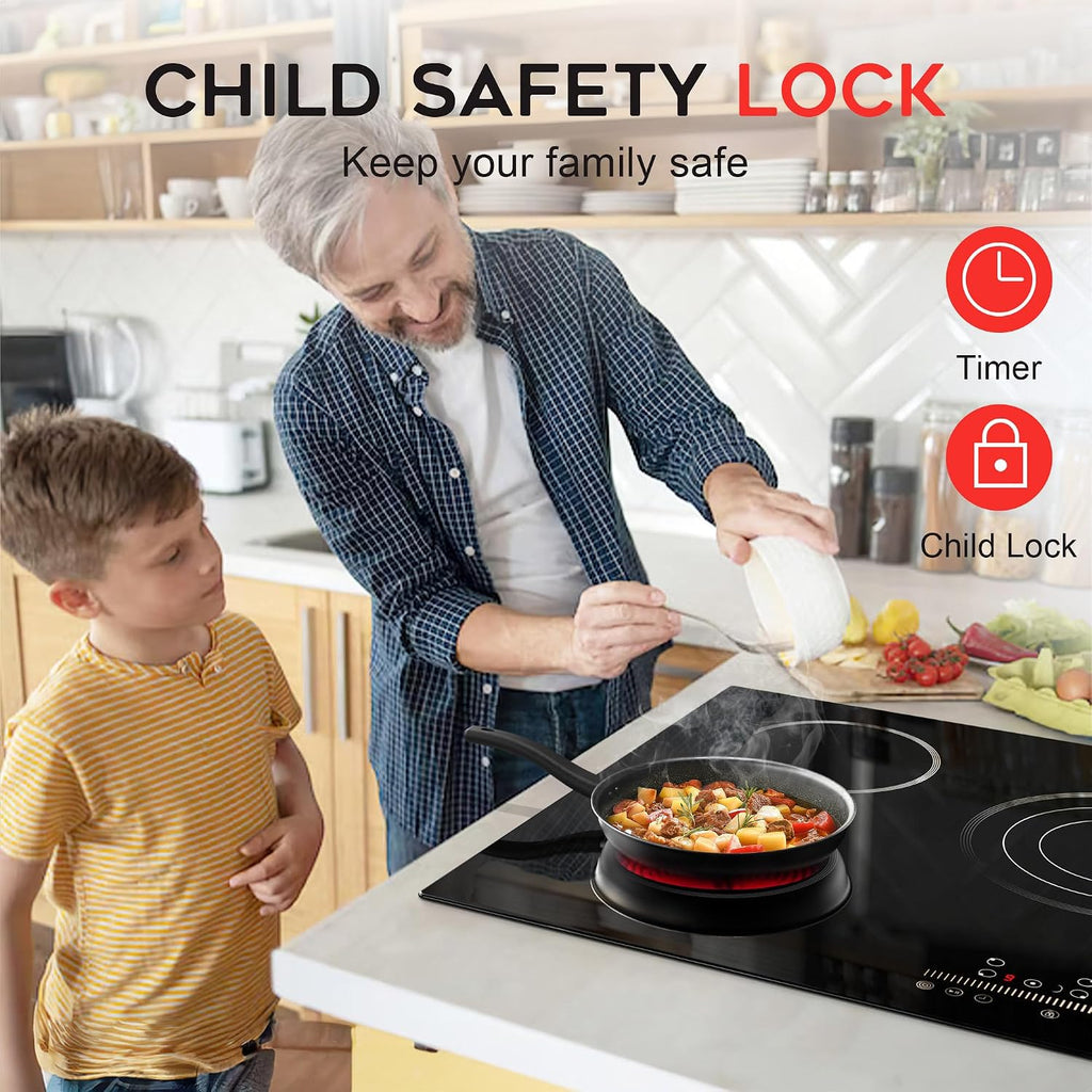 Noxton Electric Cooktop 30 Inch Electric Stove 5 Burners, Built-in Ceramic Cooktop, 9 Heating Level, Pause, Timer, Child Safety Lock, Triple Ring, 220V Hardwire