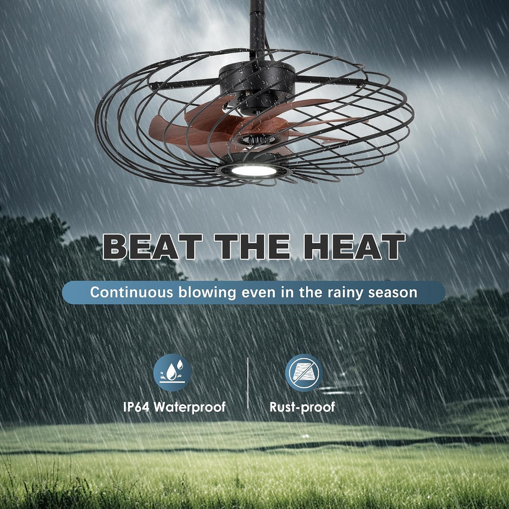 20' Outdoor Ceiling Fan with Light, Waterproof Gazebo Fan Remote Control, Dimmable LED Light, Hanging Black Caged Ceiling Fixtures with Plug in Cord for Patios Pergola