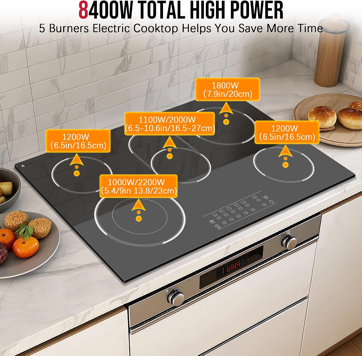 30 Inch Electric Cooktop 5 Burner, 8400W Built-in Electric Stove Top, 30' Ceramic Cooktop with Expanded Zone, Touch Control, Timer, Pause Control, Safety Lock, 220-240V, Hard Wire, No Plug