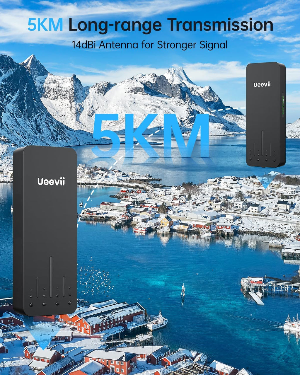 UeeVii Wireless Bridge Point to Point Outdoor | 5.8GHz WiFi Brigdge | 5KM Long Range | Dual 1000Mbps Ports | IP66 Weatherproof | 24V PoE Black for Barn/Farm/Shop