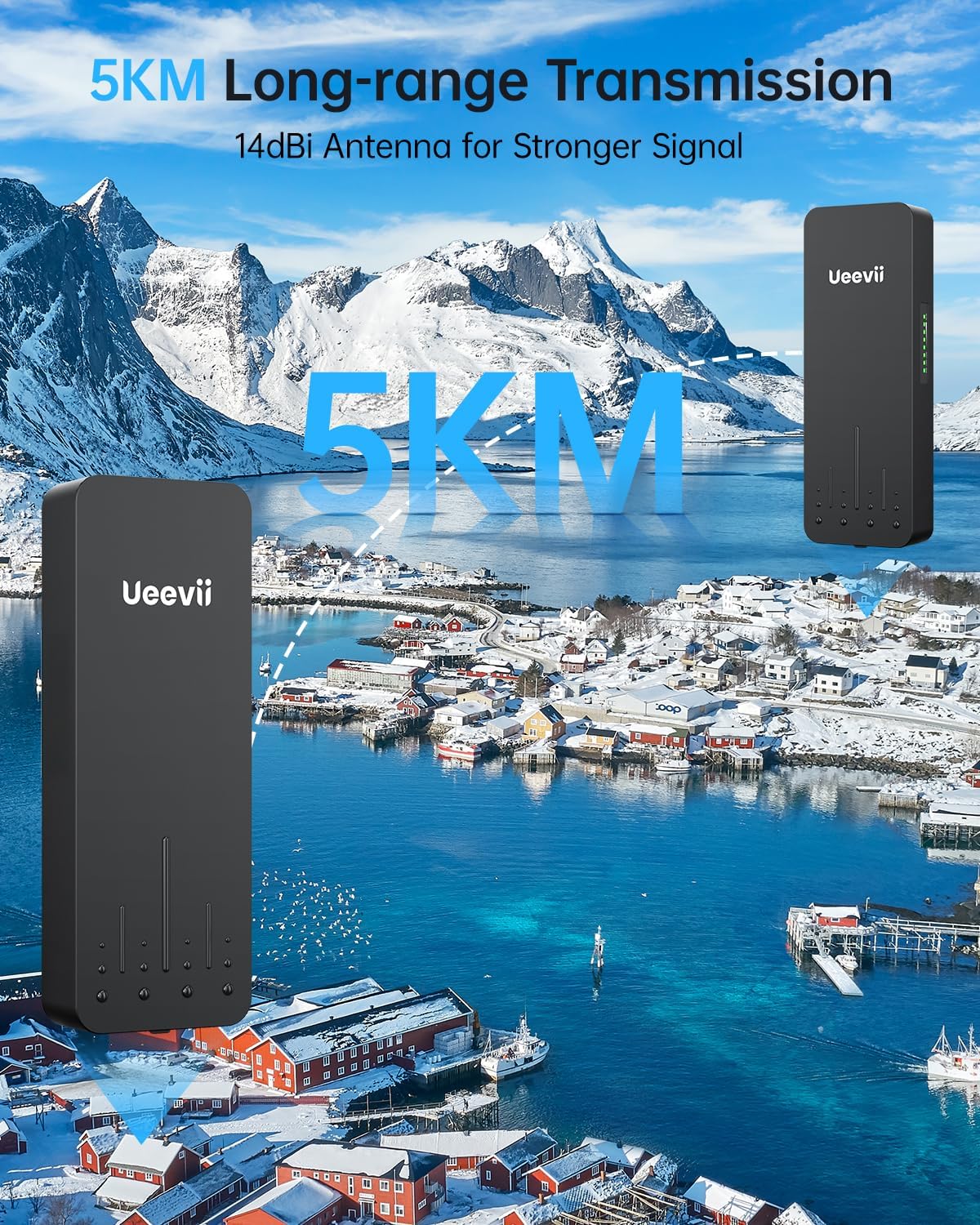 UeeVii Wireless Bridge Point to Point Outdoor | 5.8GHz WiFi Brigdge | 5KM Long Range | Dual 1000Mbps Ports | IP66 Weatherproof | 24V PoE Black for Barn/Farm/Shop