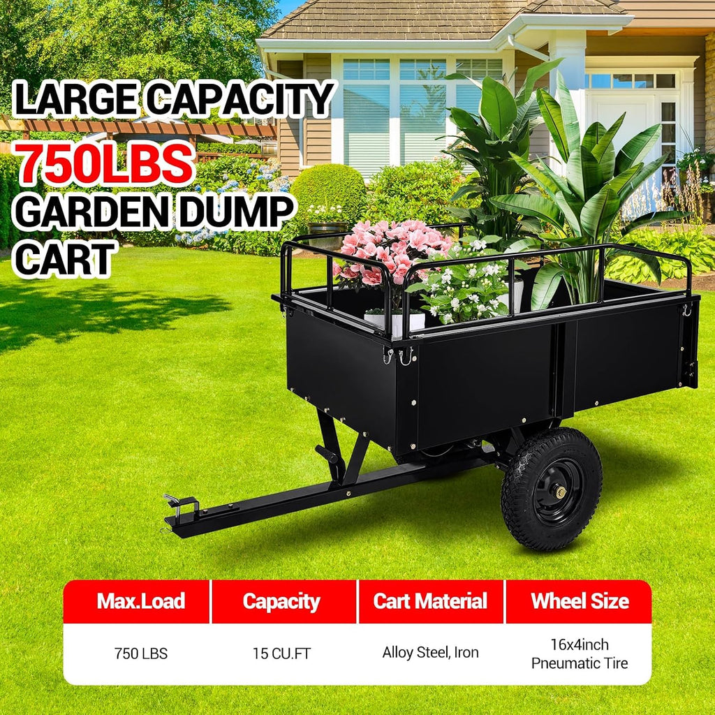 Garvee 750 LBS Utility Trailer, 15 Cubic Feet Heavy Duty Steel Dump Cart Garden Trailer with Removable Sides,Hand Pull or Foot Pedal Garden Dump Cart for ATV, UTV, Lawn Mowers and Tractors
