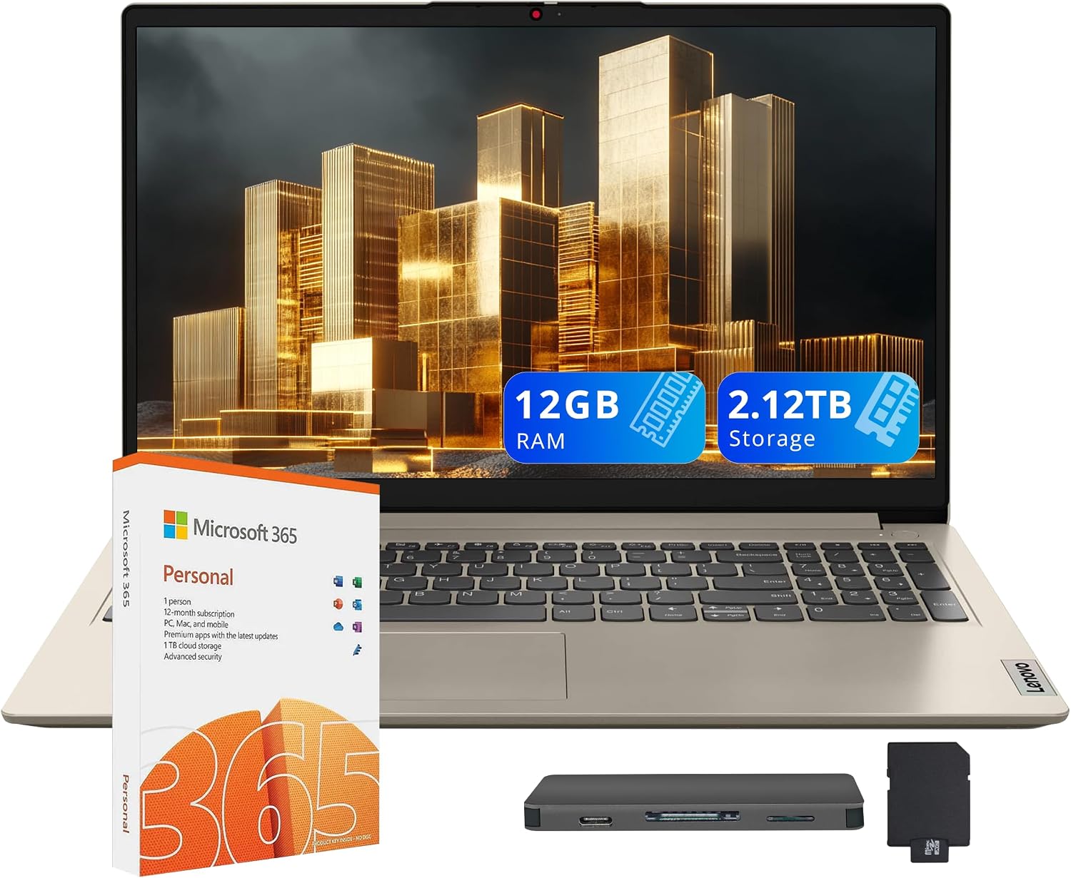 Lenovo IdeaPad 1 15.6' HD Business Laptop, Intel Celeron N4500, 12GB RAM, 1TB SSD+128GB eMMC, Intel UHD Graphics, Number Pad, 1 Year Office 365, Wi-Fi 6, Win 11, Sand, 1TB Docking Station Set
