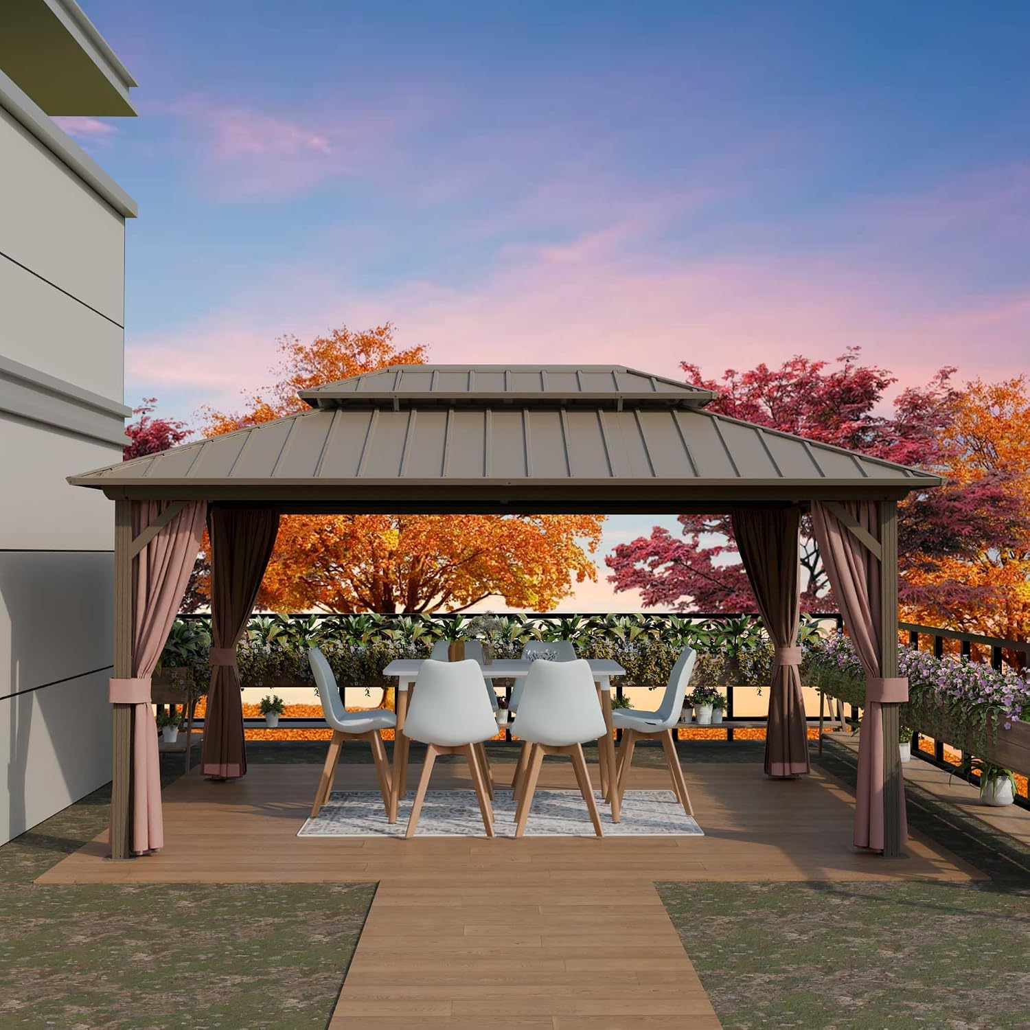 12'x16' Hardtop Gazebo, Outdoor Aluminum Frame Galvanized Steel Double Roof Pavilion with Netting and Shaded Curtains, Permanent Metal Pergolas for Patio, Backyard, Deck and Lawns.