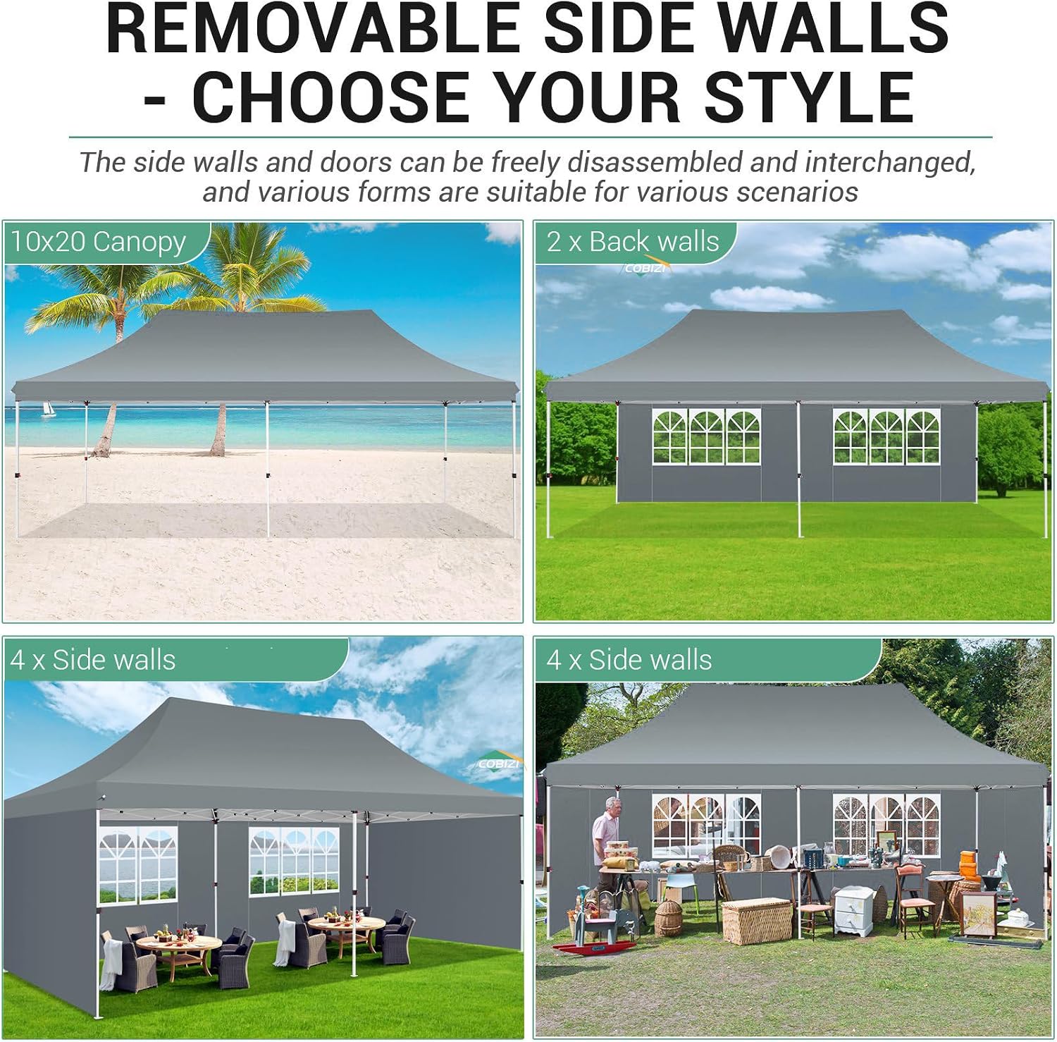 COBIZI 10x20ft Pop Up Canopy Tent with 6 Removable Sidewalls, Easy Up Commercial Canopy, Waterproof and UV50+ Gazebo with Portable Bag, Adjustable Leg Heights,Party Tents for Parties, with 4 Sandbags