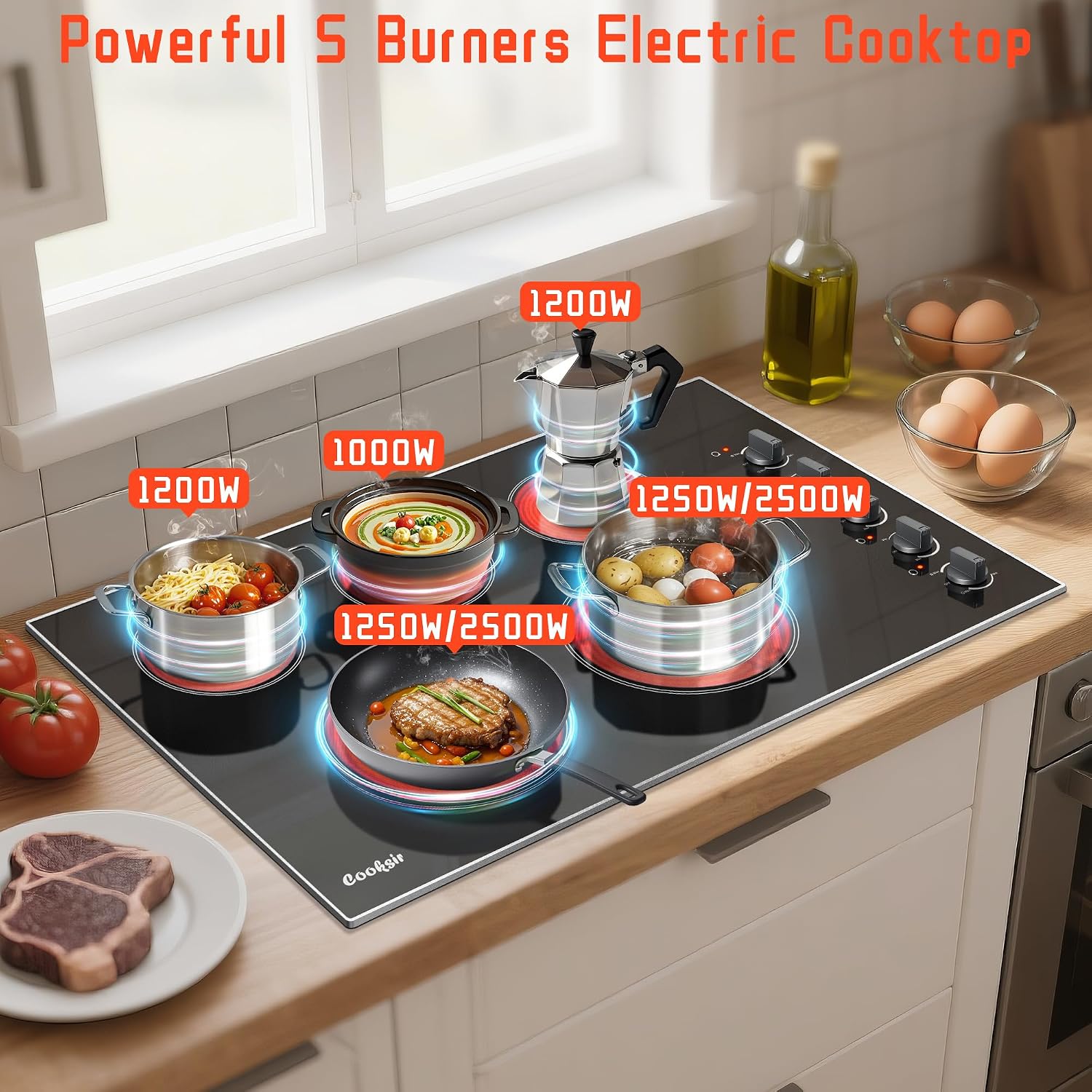 36 Inch Electric Cooktop - Built-in(34.25'x19.3') 5 Burner Electric Stove with 8400W High Power, 36' Large 5 Zones Radiant Ceramic Stove Knob Control, Residual Heat Indicator, 220V Hard Wired