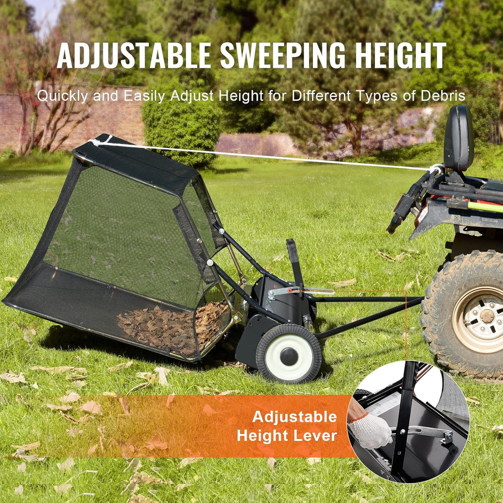 VEVOR 42 Inch Lawn Sweeper Tow Behind, 12 cu.ft. Large Pull Behind Grass Sweeper, Heavy Duty Leaf & Grass Collector with Dumping Rope Design, Adjustable Sweeping Height for Picking Up Debris & Grass