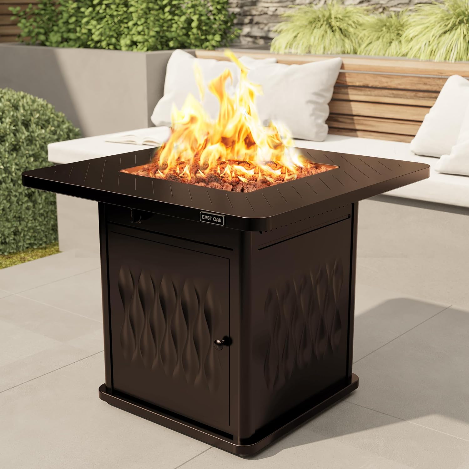 East Oak 32' Outdoor Propane Fire Pit Table | 50,000 BTU Gas Fire Pit Table for Outside with Magnetic Lid | Storage Basket & Lava Rocks | CSA Certified for Patio, Garden & Backyard | Brown
