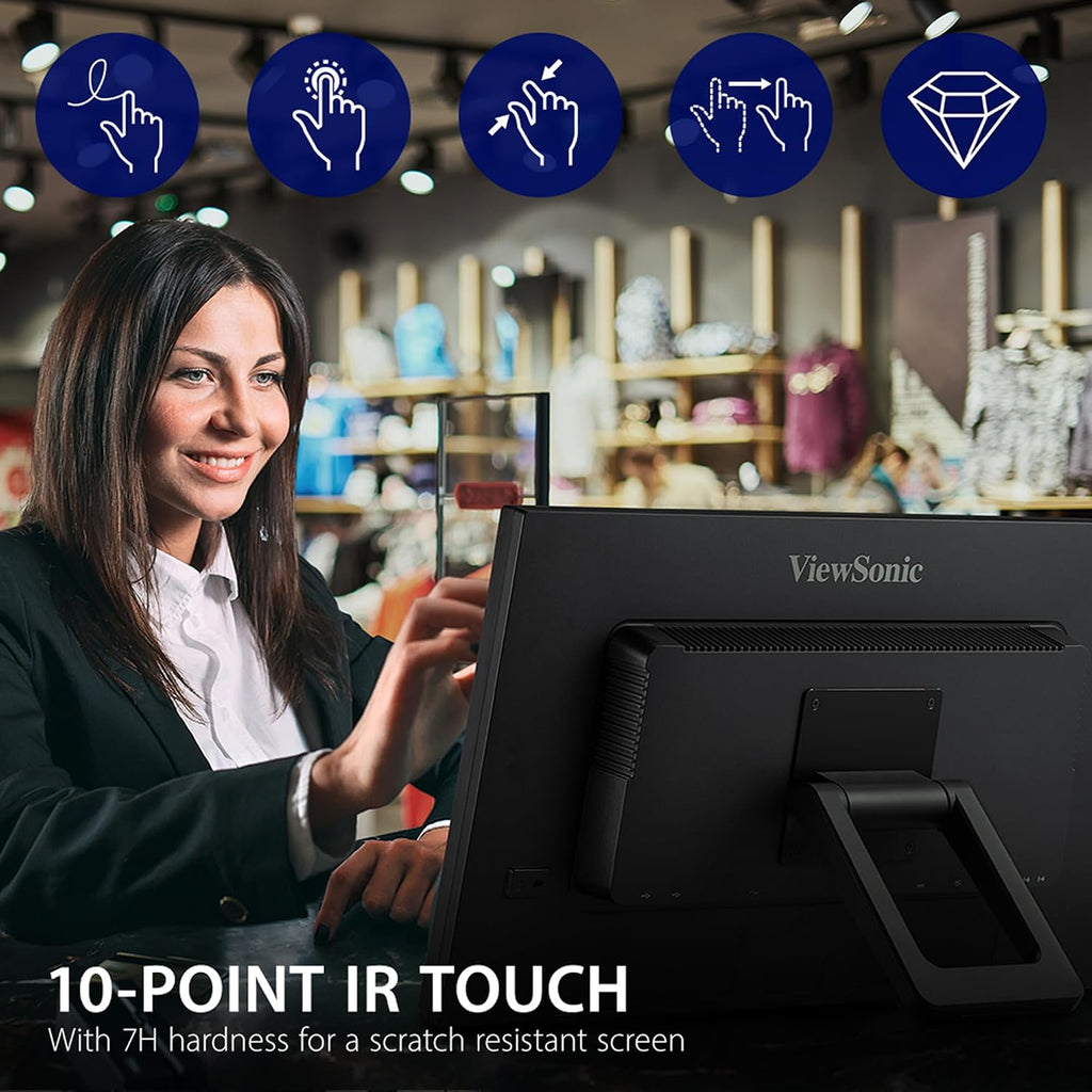 ViewSonic TD2423D 24 Inch 1080p Touch Screen Monitor, 10-Point Multi IR Touch for Retail POS and Kiosk, 7H Scratch-Resistant Glass, Eye Care, 100x100mm VESA Compatible, HDMI, VGA, DisplayPort, USB Hub