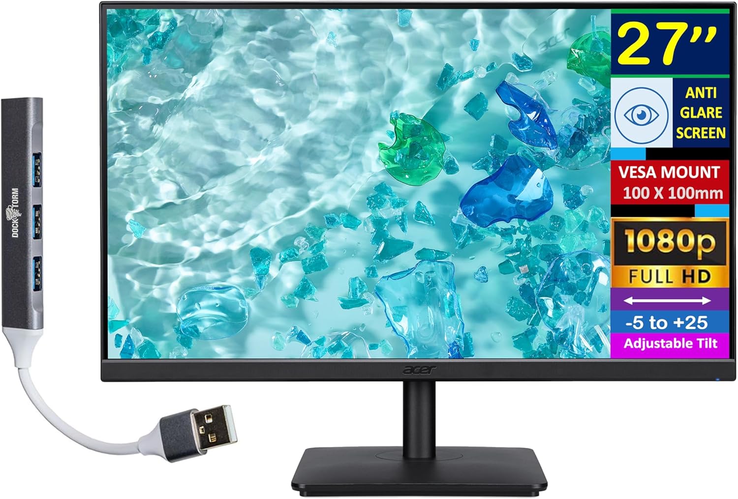 acer Vero V7 V277 Gbmipx 27' FHD IPS Monitor with 4ms Response Time, Anti Glare, VESA Mount (100mm), VGA, HDMI, & DKZ USB Port Expander, Black Color (UM.HV7AA.G07)