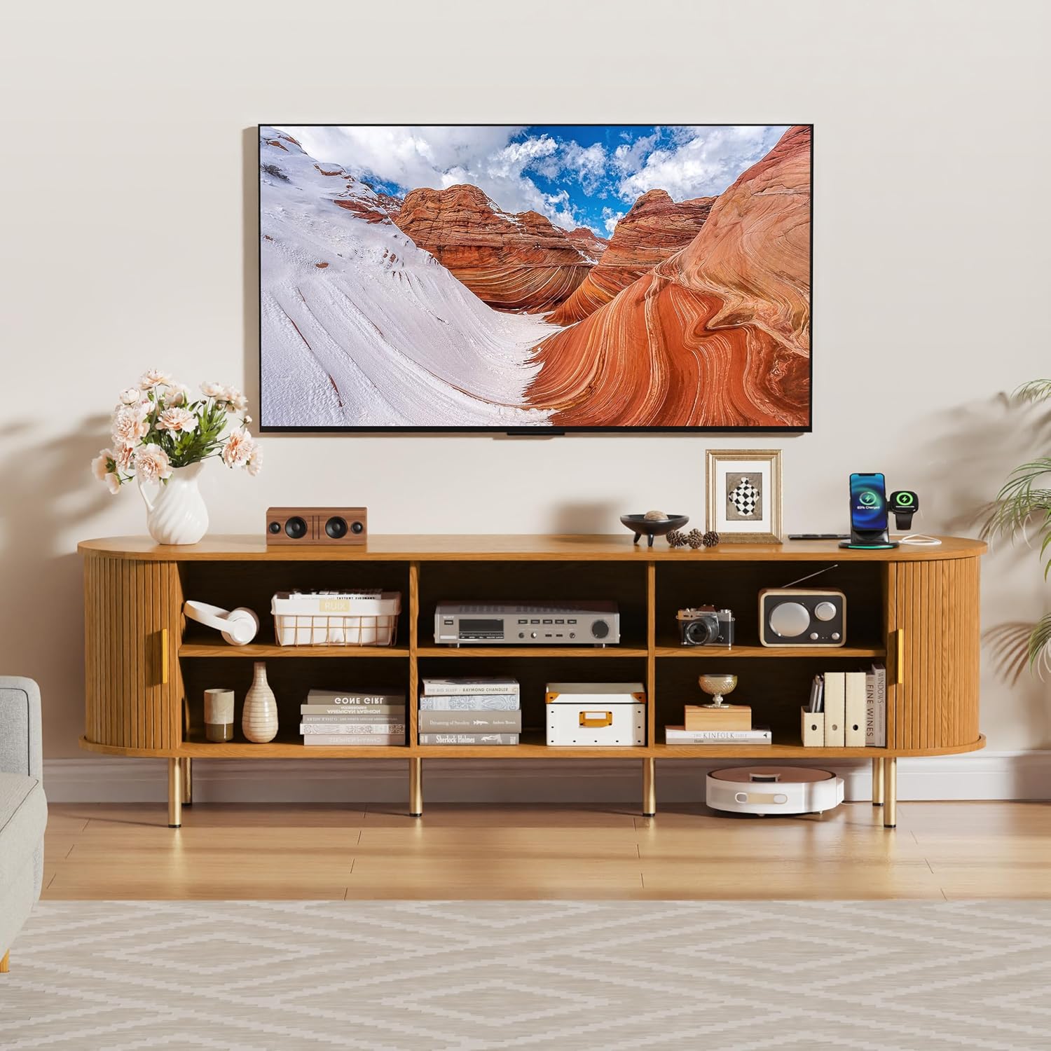 DHH 70.8 Inch Mid Century Modern TV Stand with Power Outlet for TVs up to 80 Inch, Entertainment Center with Storage and Adjustable Shelves, Media Console with Sliding Doors for Living Room(Yellow)