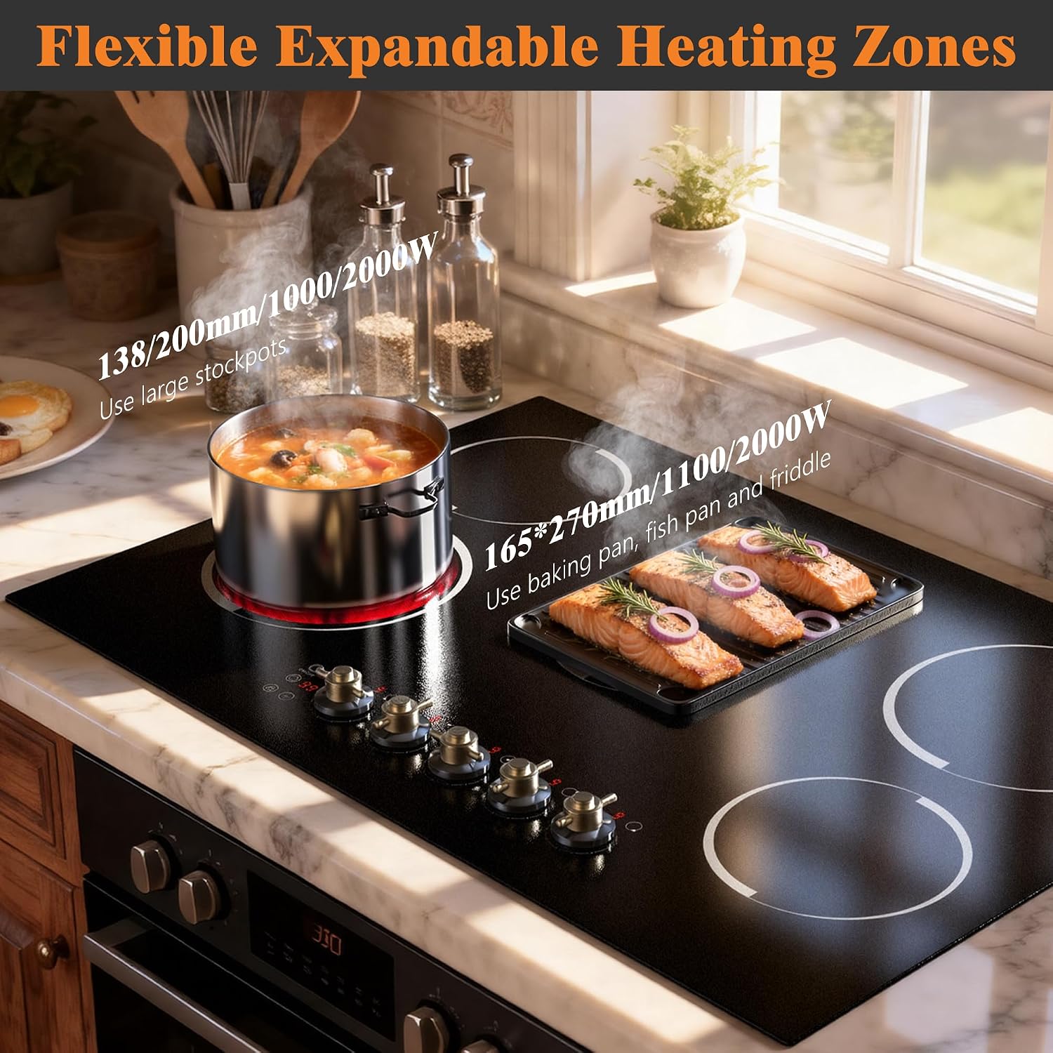Electric Cooktop 30 Inch - 8400W High Power 5 Burners Electric Stovetop, Built-in 30 Inches Ceramic Burner Knob and Touch, Timer, Safety Lock, Expandable Ring, 220-240V Hard Wired (No Plug)