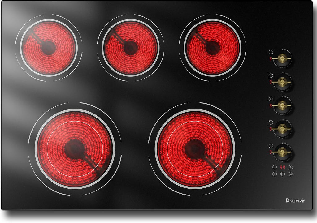 Upgraded 30 Electric Cooktop - 8600W High Power 5 Burners Electric Stove, Built-in 30 Inches Ceramic Stove Top Knob and Touch, Timer, Safety Lock, Timer, 220-240V Hard Wired (No Plug)