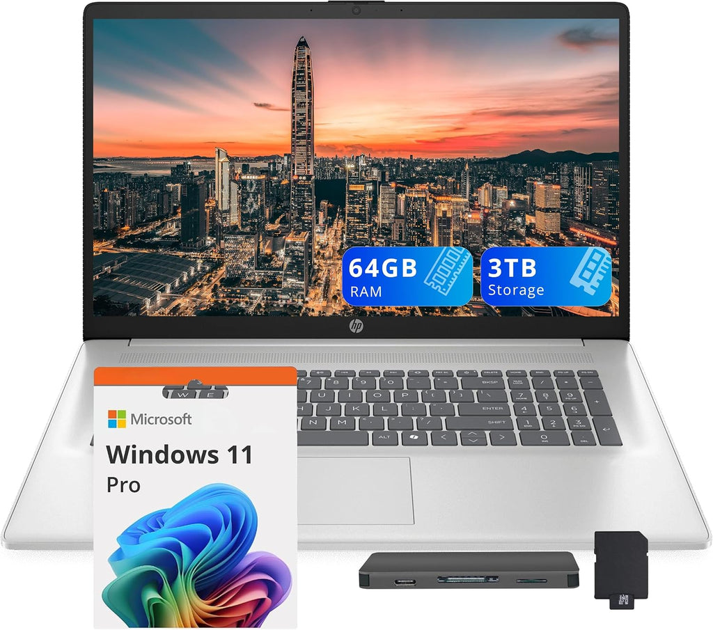 HP 17.3' FHD Business Laptop, Intel i7-1355U, 64GB RAM, 3TB Storage (2TB SSD+1TB Docking Station Set), Intel Iris Xe Graphics, Full-Size Keyboard, Copilot, Wi-Fi 6, Webcam, Windows 11 Pro, Silver