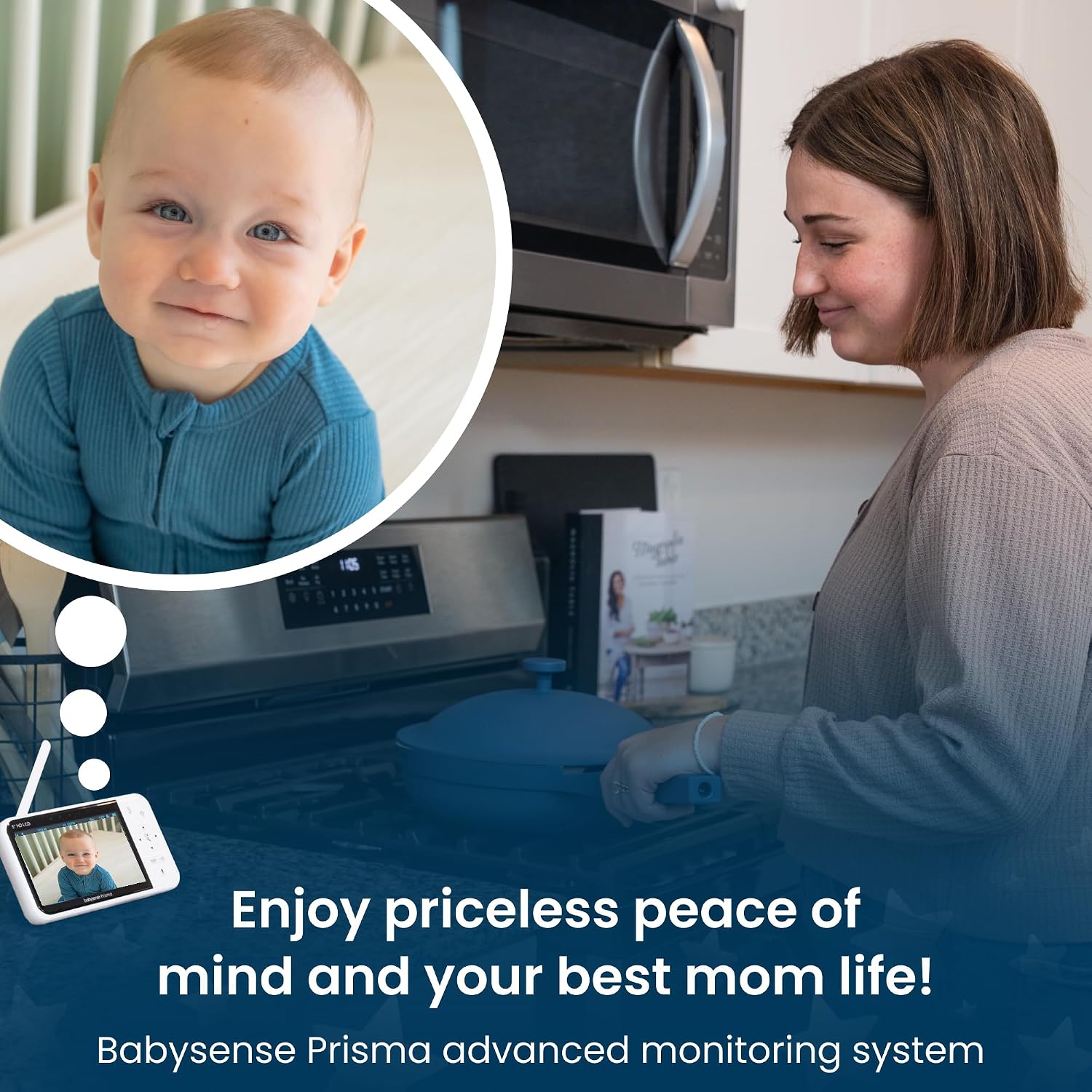 Babysense Prisma Baby Monitor with Camera and Audio, 5' HD Video Baby Monitor, 6-Color Night Light, Split Screen, Baby Sound Machine with White Noise & Lullabies, Secure No WiFi