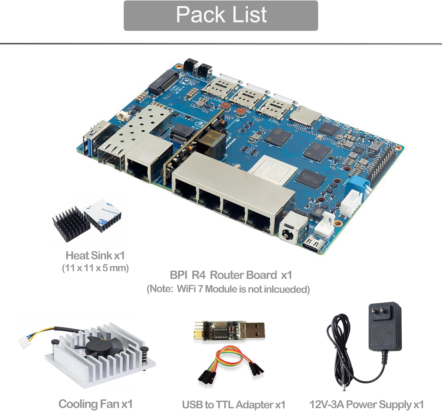 Banana Pi BPI-R4 WiFi 7 Wireless Dual-Band WiFi Router Board OpenWRT, with MediaTek MT7988A (Filogic 880) SoC, Support 2X 10GbE SFP and 4X GbE Gigabit Ethernet for NAS Smart Home Gateway (POE SET2)