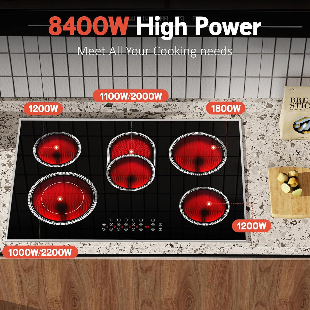 30 Inch Electric Cooktop, 5 Burner Electric Stove Top Touch Control, 8400W Built-in Ceramic Stovetop Burner 30' with Expandable Zone, Child Lock, Timer, Overheat Alert, 220-240v Hardwired