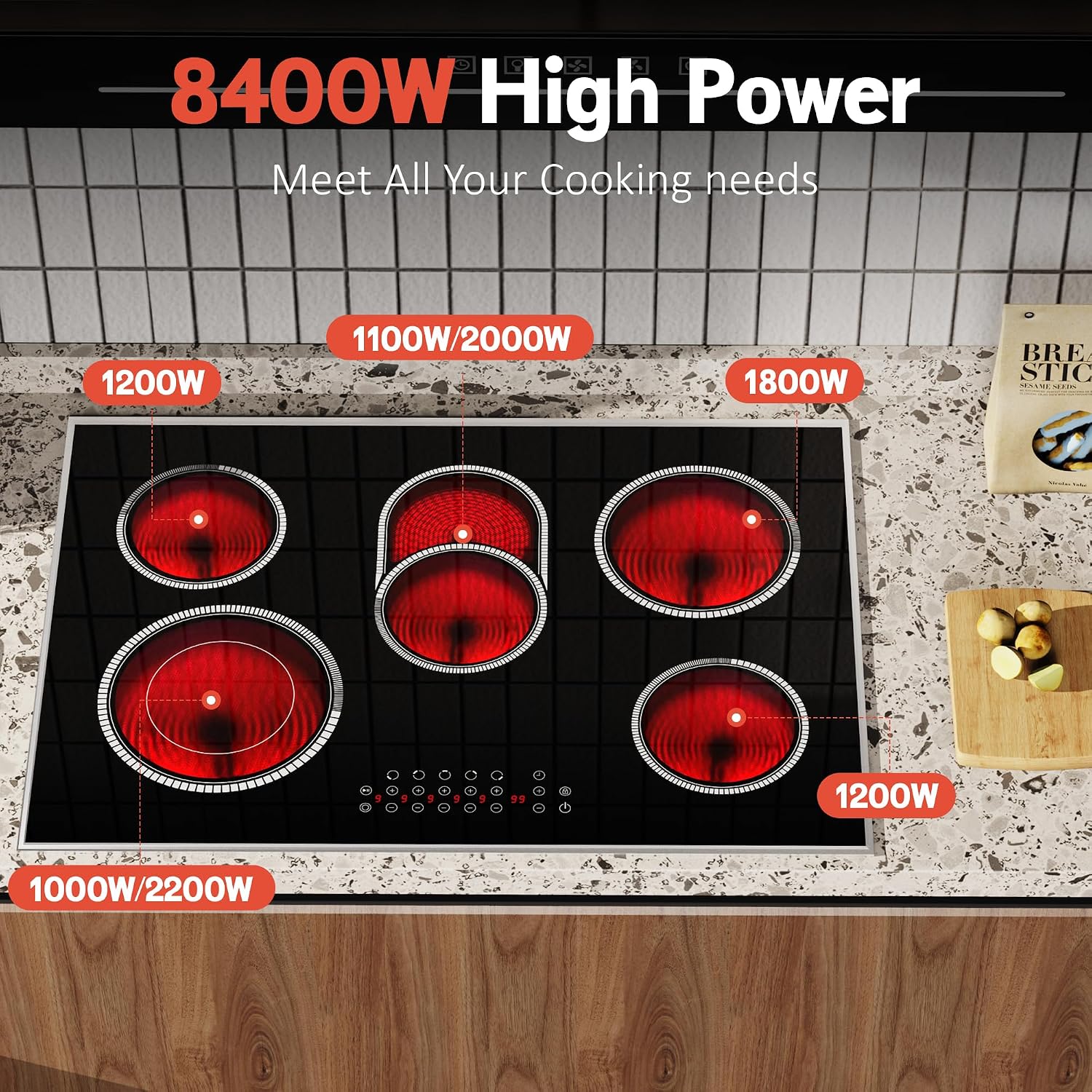 30 Inch Electric Cooktop, 5 Burner Electric Stove Top Touch Control, 8400W Built-in Ceramic Stovetop Burner 30' with Expandable Zone, Child Lock, Timer, Overheat Alert, 220-240v Hardwired