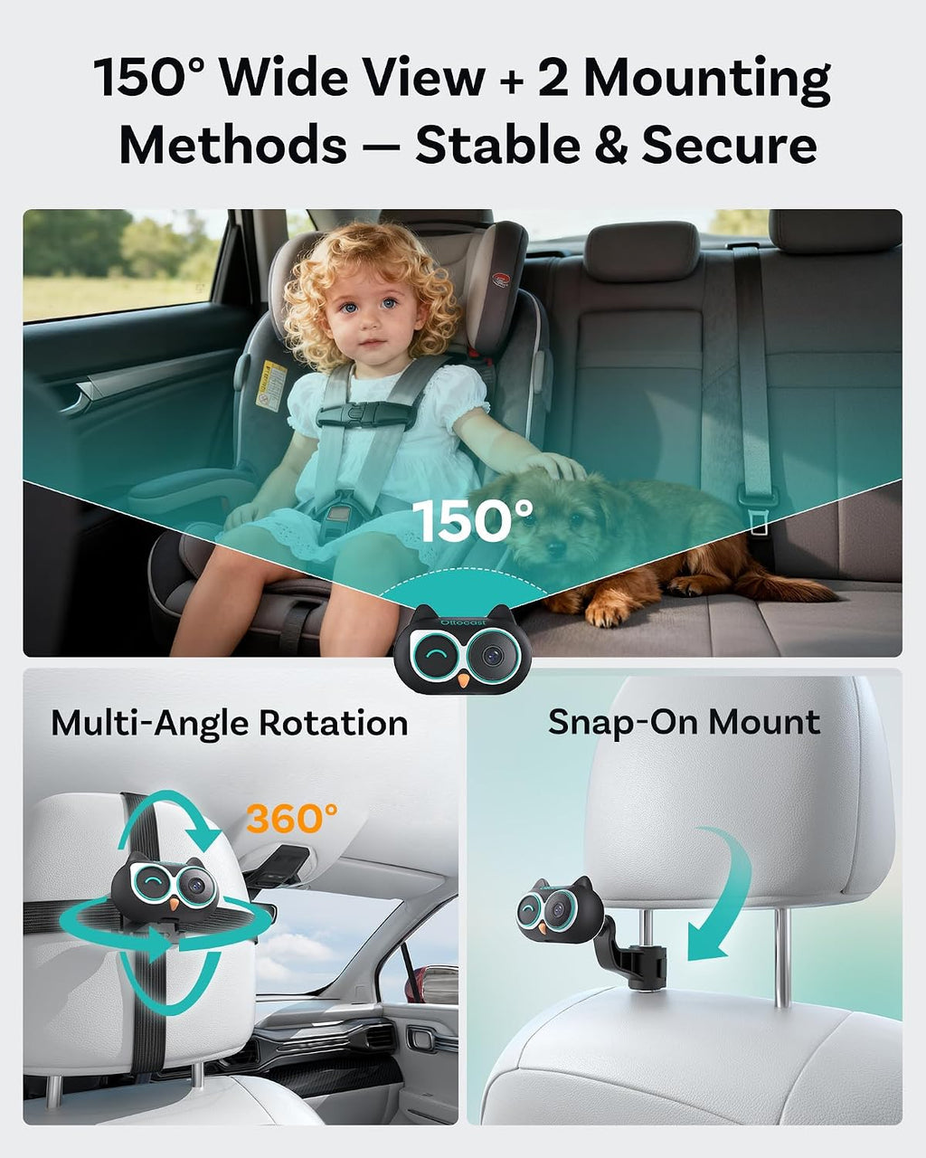 OTTOCAST Baby Car Camera Displaying on Car Screen,1080P Clear No-Glow Night Vision,Split-Screen Navigation,150°Wide Angle,Car Baby Monitor with Built-in Wireless CarPlay Cabin Care Car Adapter 2026