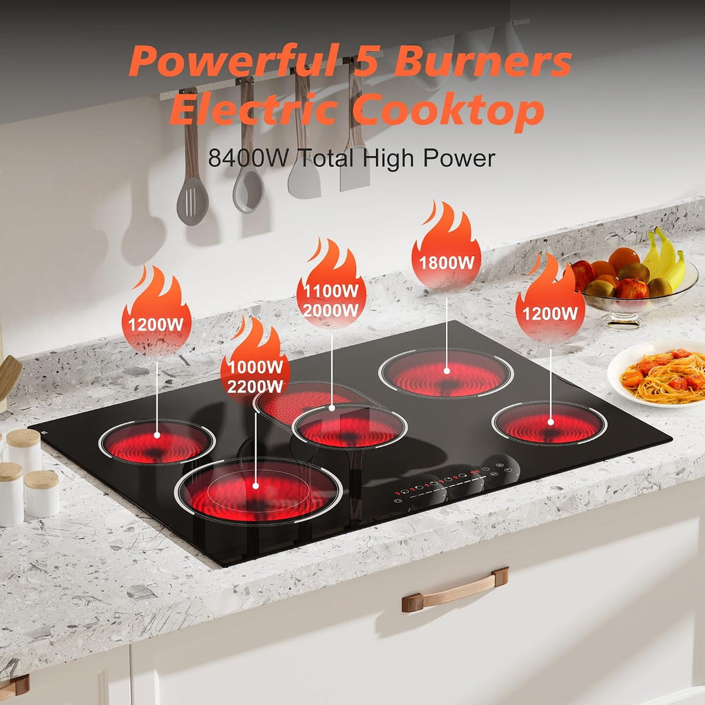 30 Inch Electric Cooktop, 5 Burner 8400W Built-in Electric Stovetop, Ceramic Cooktop with Expanded Zone, Slide Touch Control, Timer, Child Safety Lock, Pause, 220V - 240V Hard Wire, No Plug