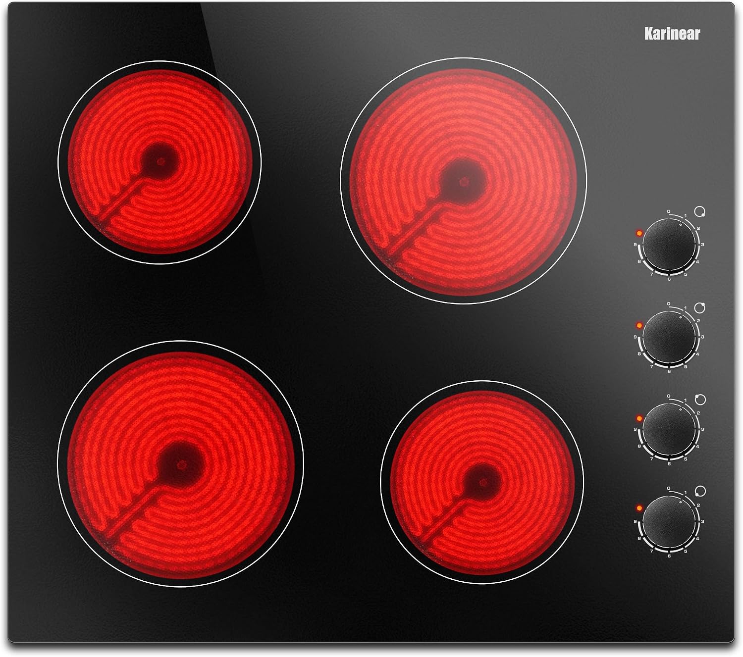 Karinear 4 Burner Electric Cooktop 24 Inch, Built-in Stove Top, 220-240v Radiant Cooktop with Knob Control, Residual Heat Indicator, Over-Temperature Protection, Hard Wire, Black Knob