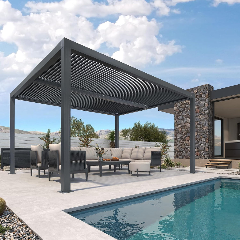 PURPLE LEAF LED Louvered Pergola 94AS 11'x 14' Full Aluminum Frame and Adjustable Roof Integrated Strip Lights for Outdoor Deck Garden Patio Gray Hardtop Gazebo Pergola