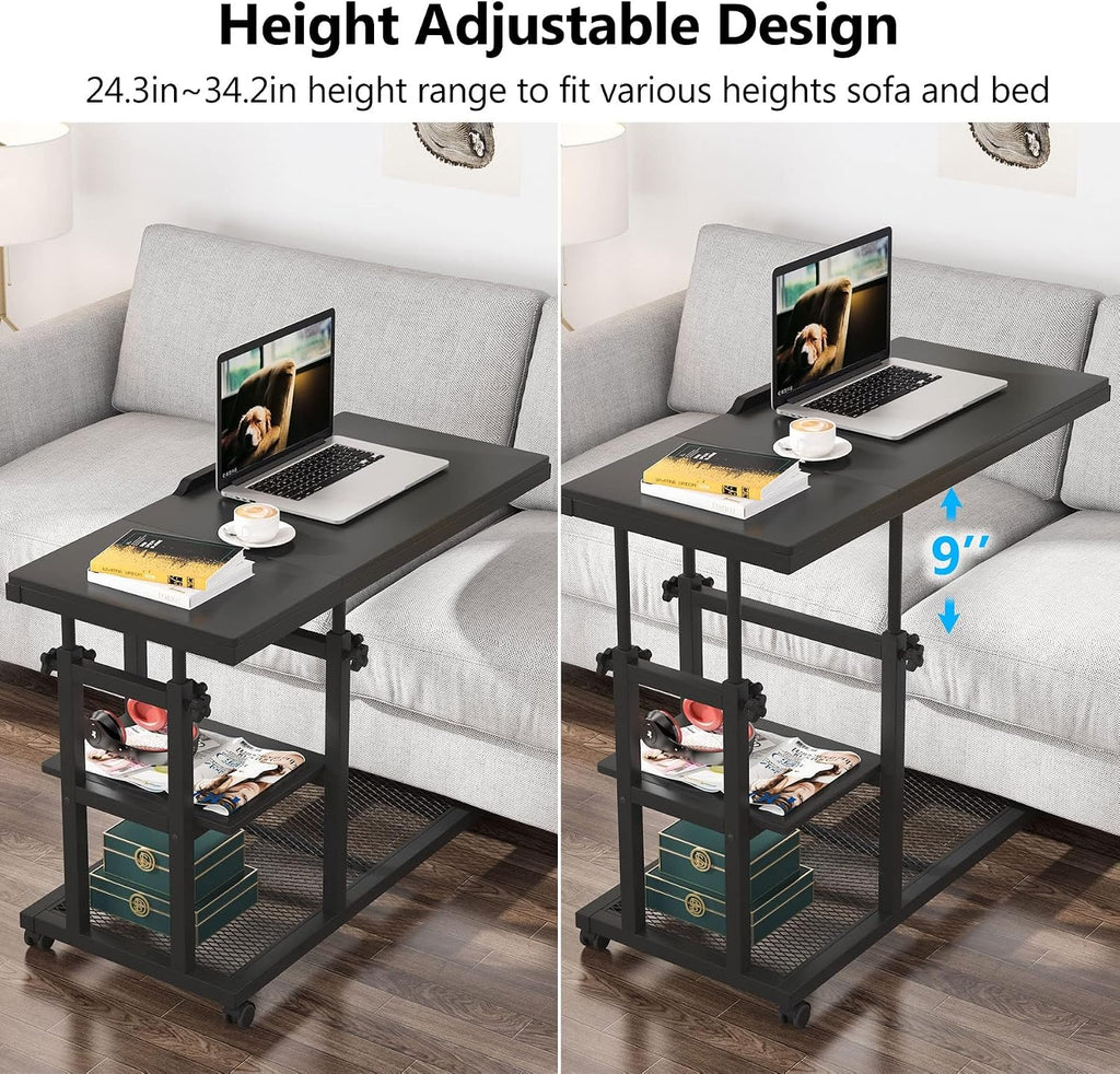 Tribesigns Height Adjustable C Table with Wheels, Mobile Couch Snack Side Table with Tiltable Drawing Board, Sofa Bedside Laptop Stand C Shaped TV Tray with Storage Shelves (Black)