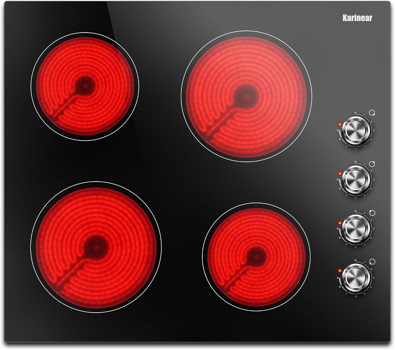 Karinear 4 Burner Electric Cooktop 24 Inch, Built-in Stove Top, 220-240v Radiant Cooktop with Knob Control, Residual Heat Indicator, Over-Temperature Protection, Hard Wire, Sliver Knob