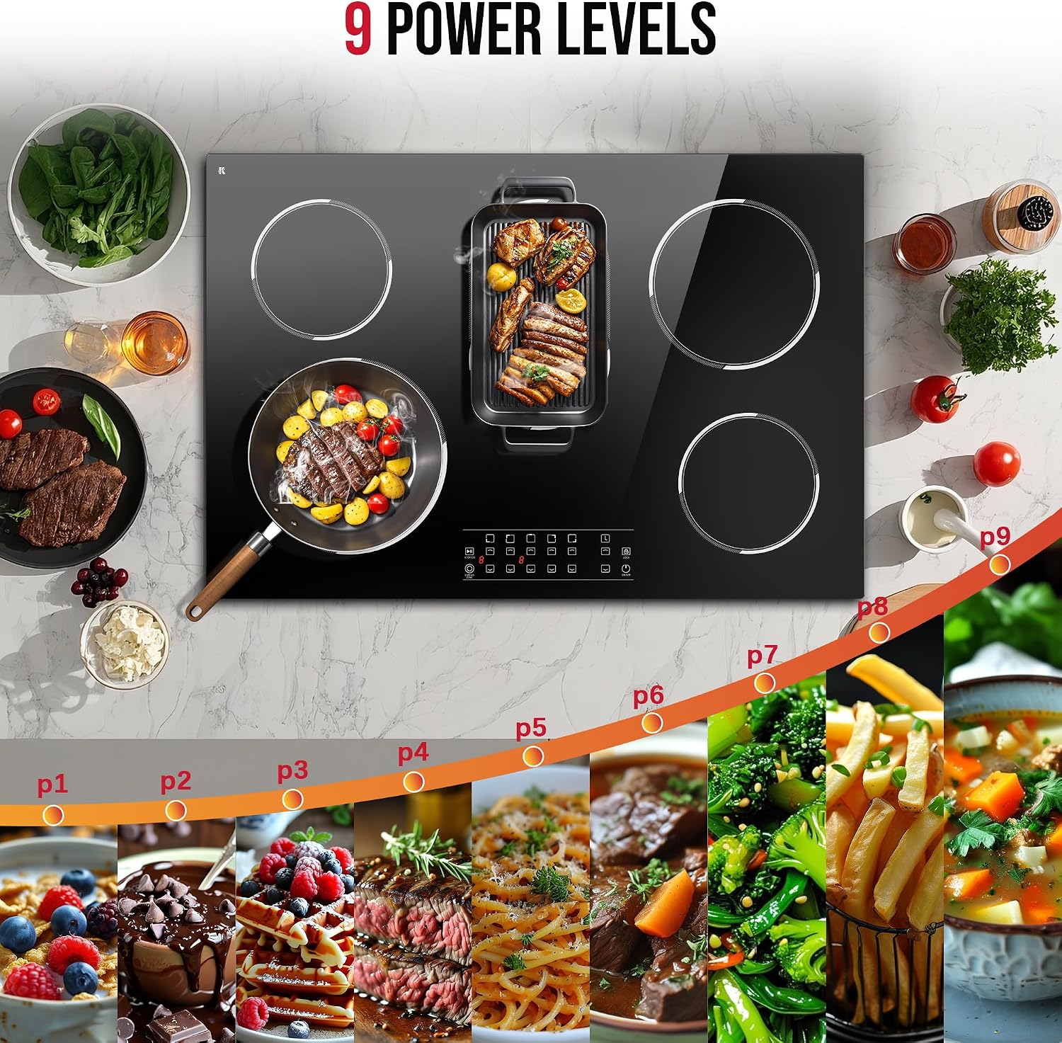 30 Inch Electric Cooktop 5 Burner, 8400W Built-in Electric Stove Top, 30' Ceramic Cooktop with Expanded Zone, Touch Control, Timer, Pause Control, Safety Lock, 220-240V, Hard Wire, No Plug