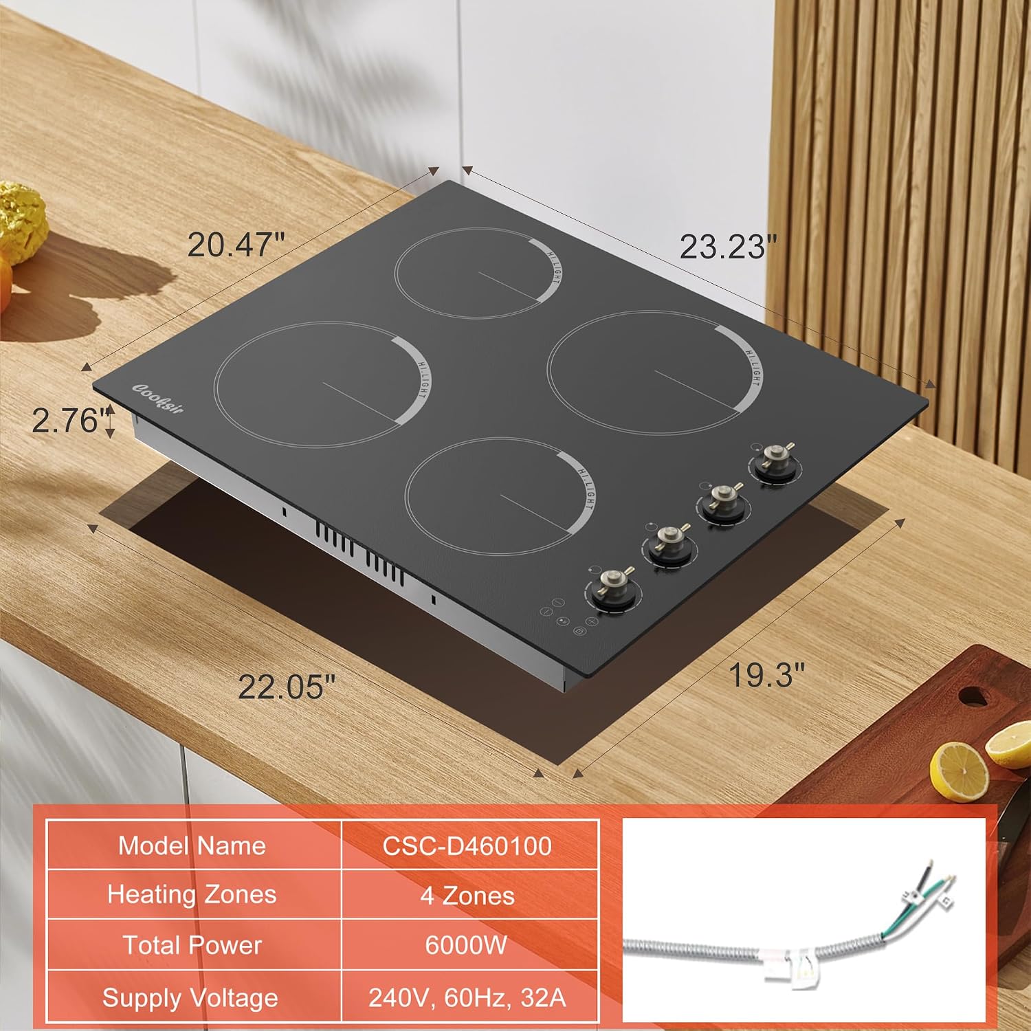 24 Inch Electric Cooktop - 4 Burner Built-in(22.05'x19.3') Glass Ceramic Stovetop 6000W, 220V Electric Stove Touch and Knob Control, Safety Lock, Pause, 99 Min Timer, 240V Hard Wire(No Plug)