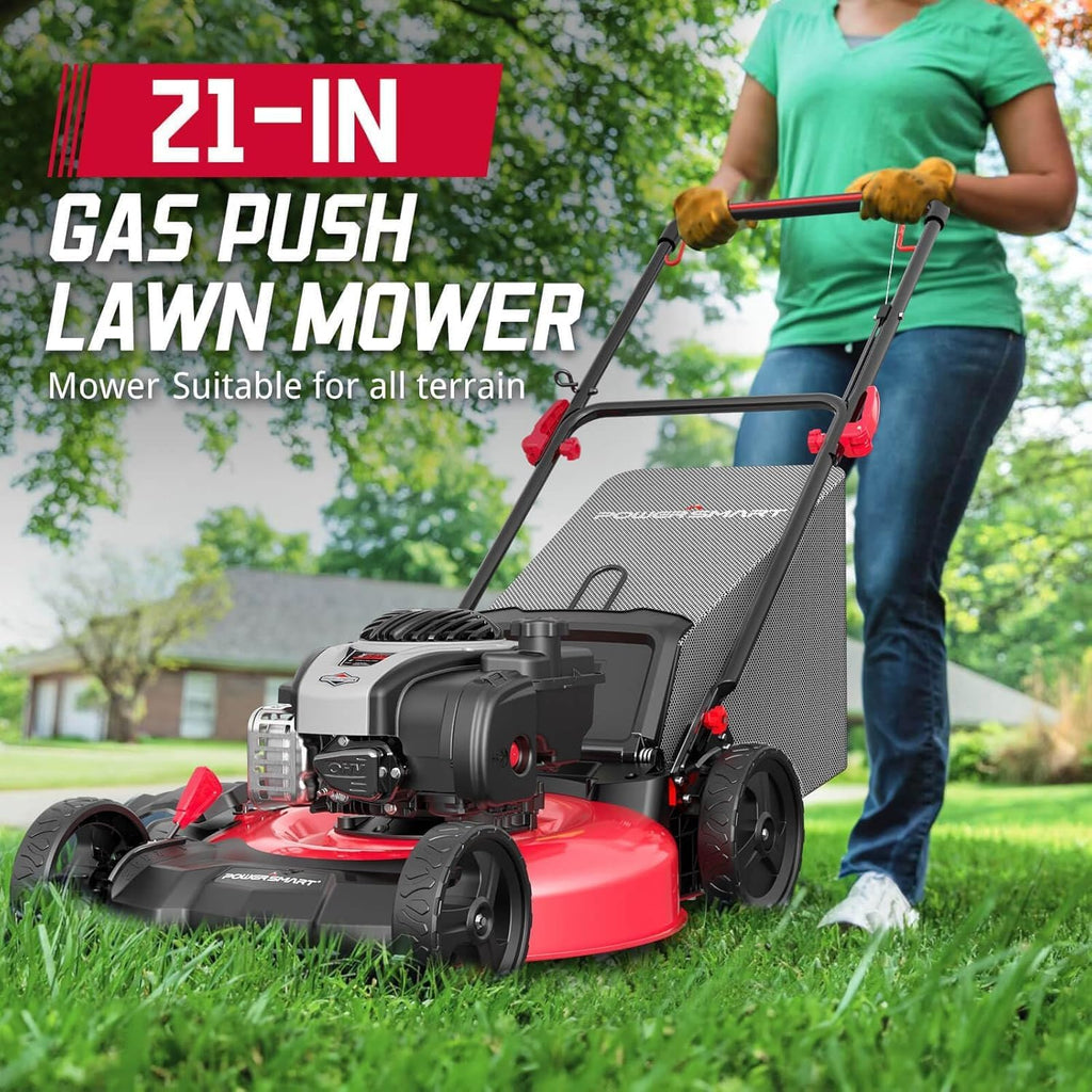 PowerSmart 21' 3-in-1 Gas Push Lawn Mower with 140cc 4-Stroke Engine - Wide Cutting Deck, 6 Height Adjustments, Mulching Capability