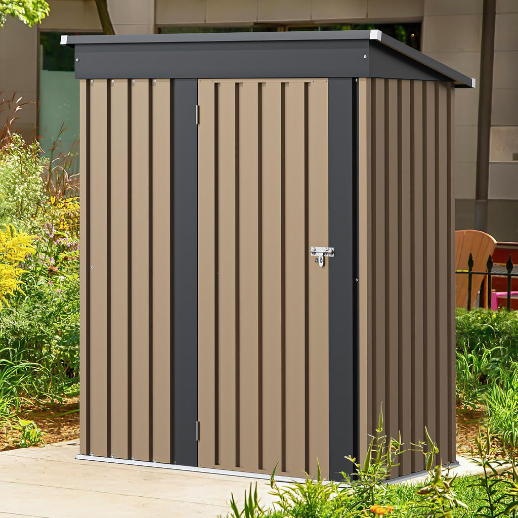 GUNJI 5 x 3 FT Shed Outdoor Storage Shed Metal Garden Shed with Lockable Door Outside Waterproof Tool Shed for Backyard, Patio, Lawn (Brown)