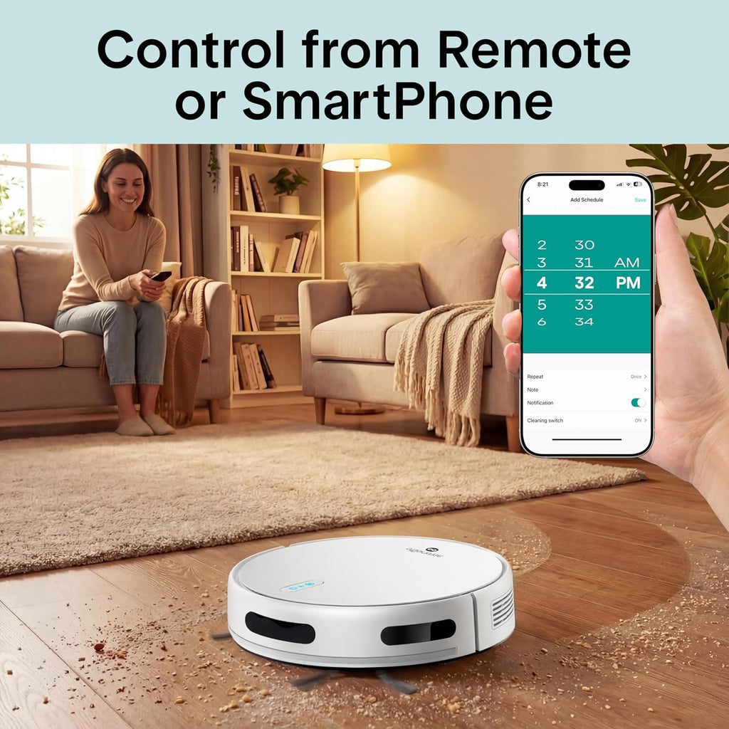 SereneLife Automatic Robot Vacuum Cleaner and Mop Combo, Pro Edition with Upgraded Battery, Extreme Suction, Internal Water Tank - Smart App Control, Ideal for Pet Hair, Carpet and Hard Floors, White