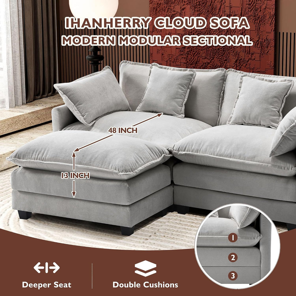 Ihanherry 77' L Shaped Modern Sofa Modular Sectional Cloud Couch with Ottoman, 3-Seat Chenille Deep Seat Sofa with Pillow for Living Room, Bedroom and Apartment, Grey