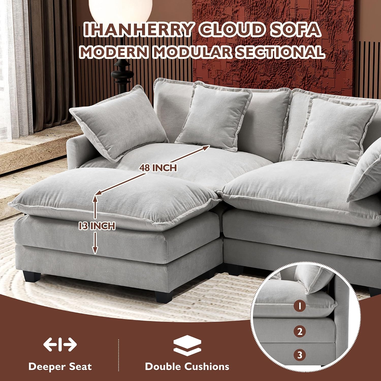 Ihanherry 77' L Shaped Modern Sofa Modular Sectional Cloud Couch with Ottoman, 3-Seat Chenille Deep Seat Sofa with Pillow for Living Room, Bedroom and Apartment, Grey