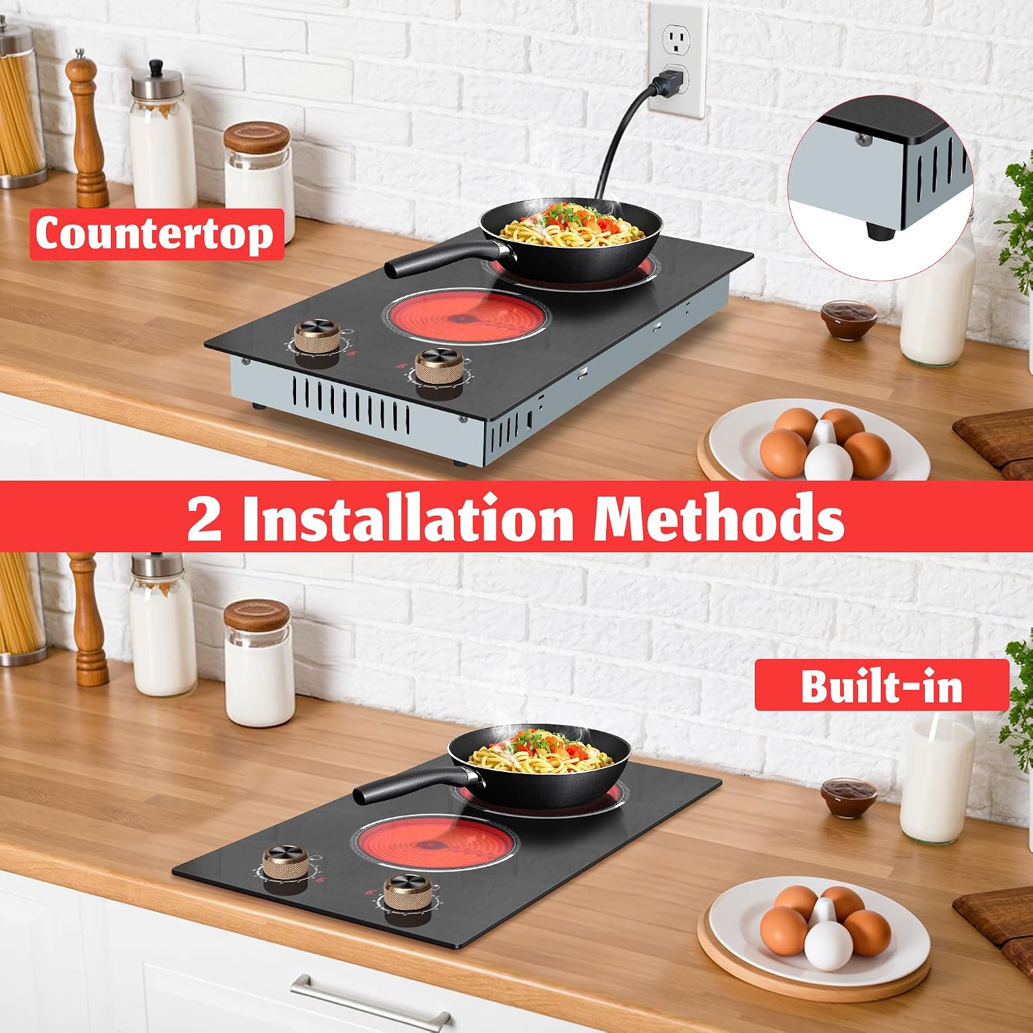 2 Burner Electric Cooktop, Built-in & Countertop Electric Stovetop 12 Inch, Ceramic Cook Top with Knob Control, 9 Power Levels Setting, Over-Temperature Protection, 110V - 120V Plug in