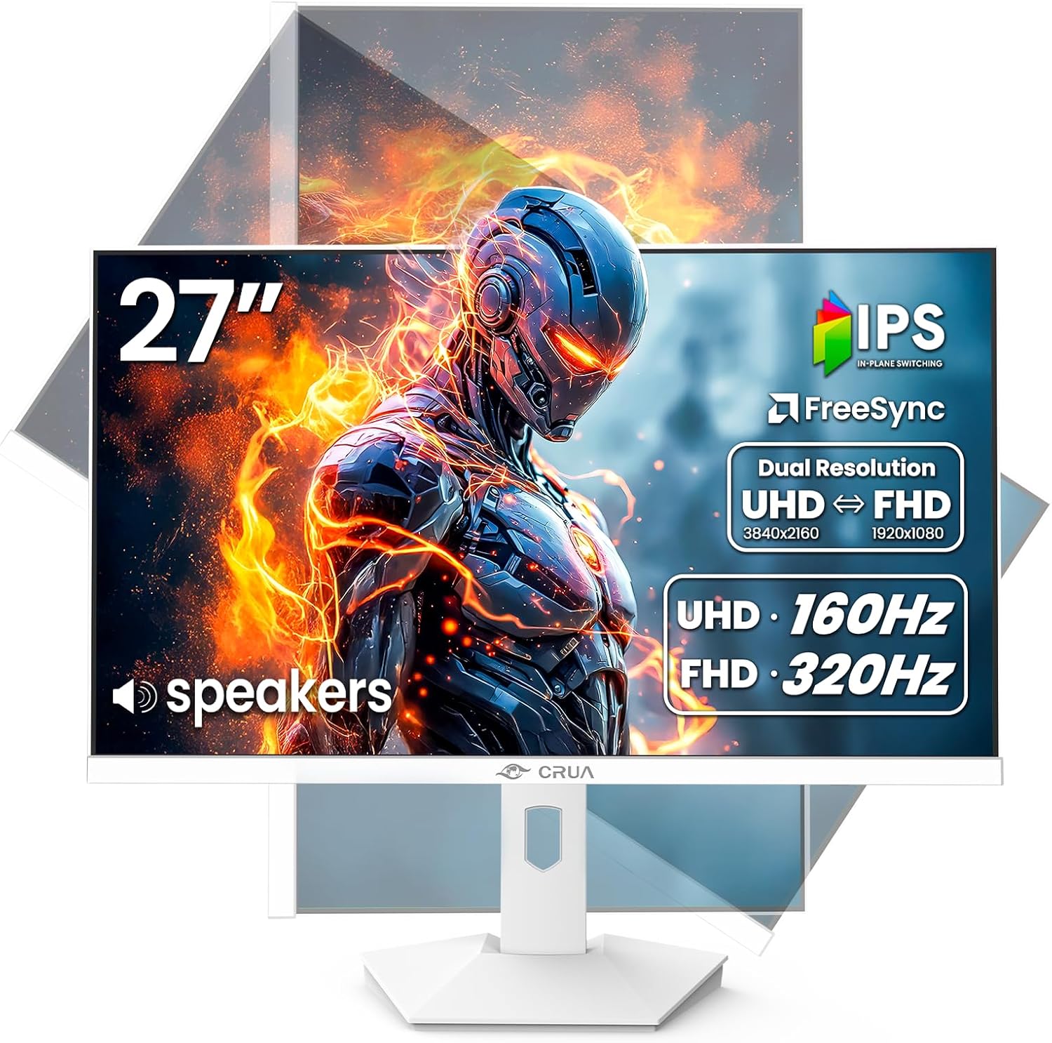 CRUA 27'' 4K Gaming Monitor, UHD 160Hz / FHD 320Hz Dual Mode IPS White Computer Monitors, Rotating/Pivot & Height-Adjustable, AMD FreeSync, Built-in Speakers, PIP/PBP, HDMI 2.1 & DP 1.4