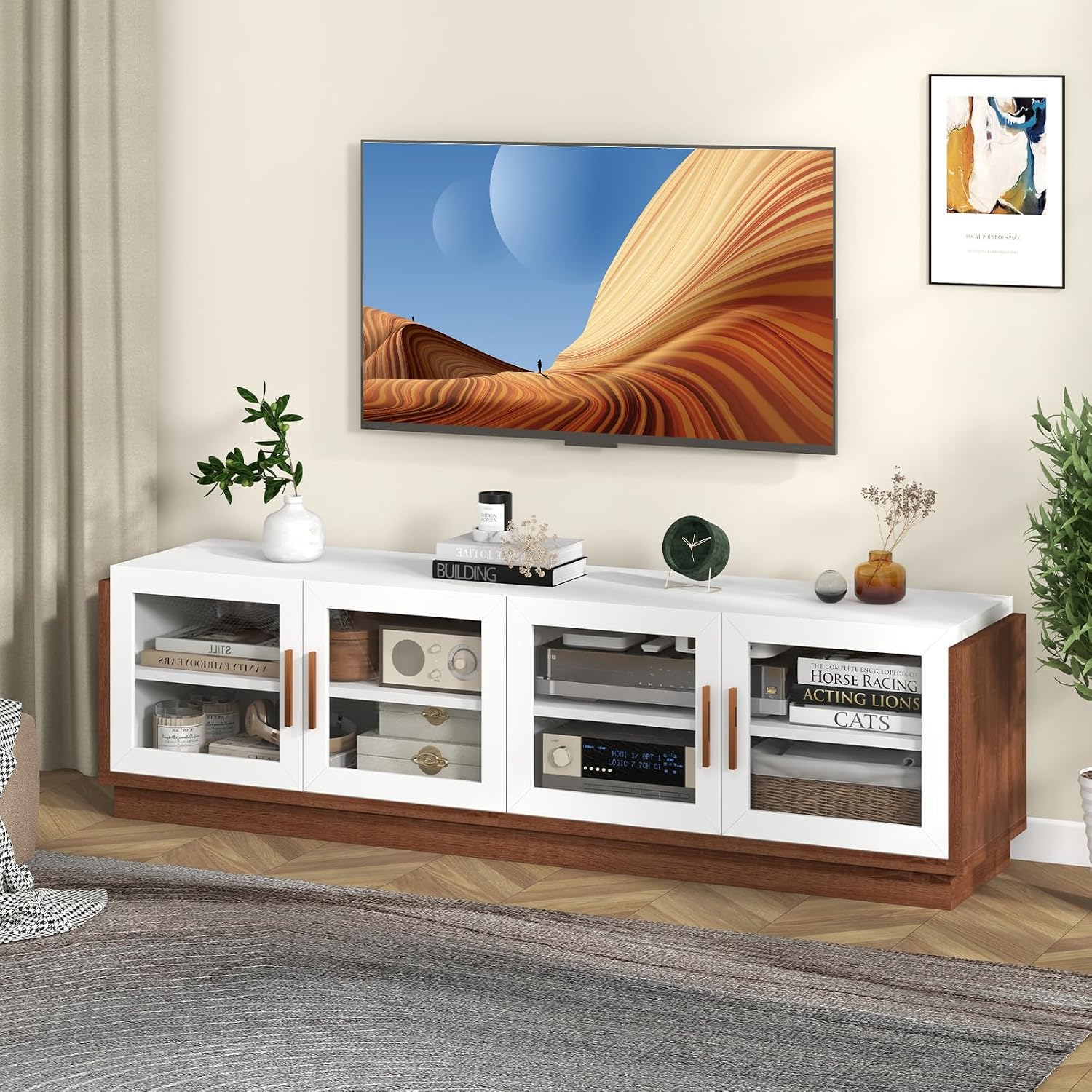 Giantex Large TV Stand for TVs up to 75', Entertainment Center with 4 Tempered Glass Doors, 2 Adjustable Shelf, 4 Cable Holes, Media Console, 70 x 16 x 20 Inches TV Cabinet for Bedroom, Living Room