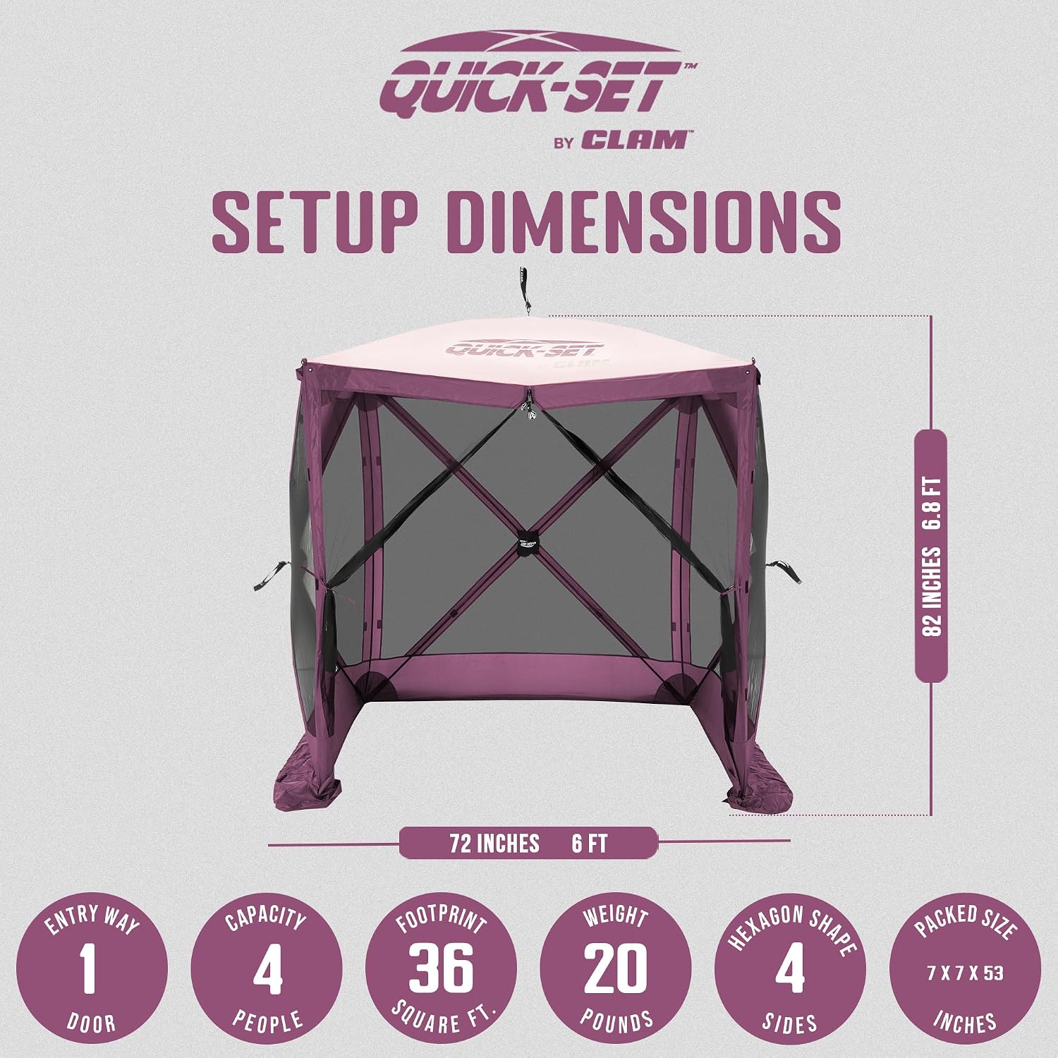 Clam Traveler 6' x 6' Pop-Up Screen Tent – Plum Outdoor Portable Camping Gazebo Canopy with Mesh Netting, Stakes, Tie-Downs & Carry Bag – 4-Person Shelter for Picnics, Beach & Events