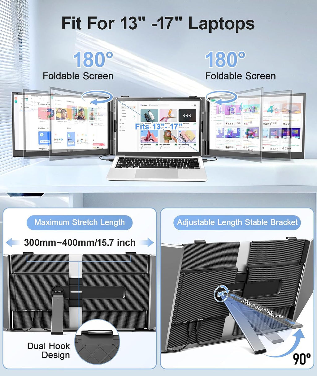 Laptop Screen Extender, Ultra-Thin 14' FHD 1080P Portable Monitor for Laptop, 2.2lbs Lightweight Triple Monitor Extender Plug & Play for 13'-17' Laptops, Compatible with Wins/Mac/Android/Chrome