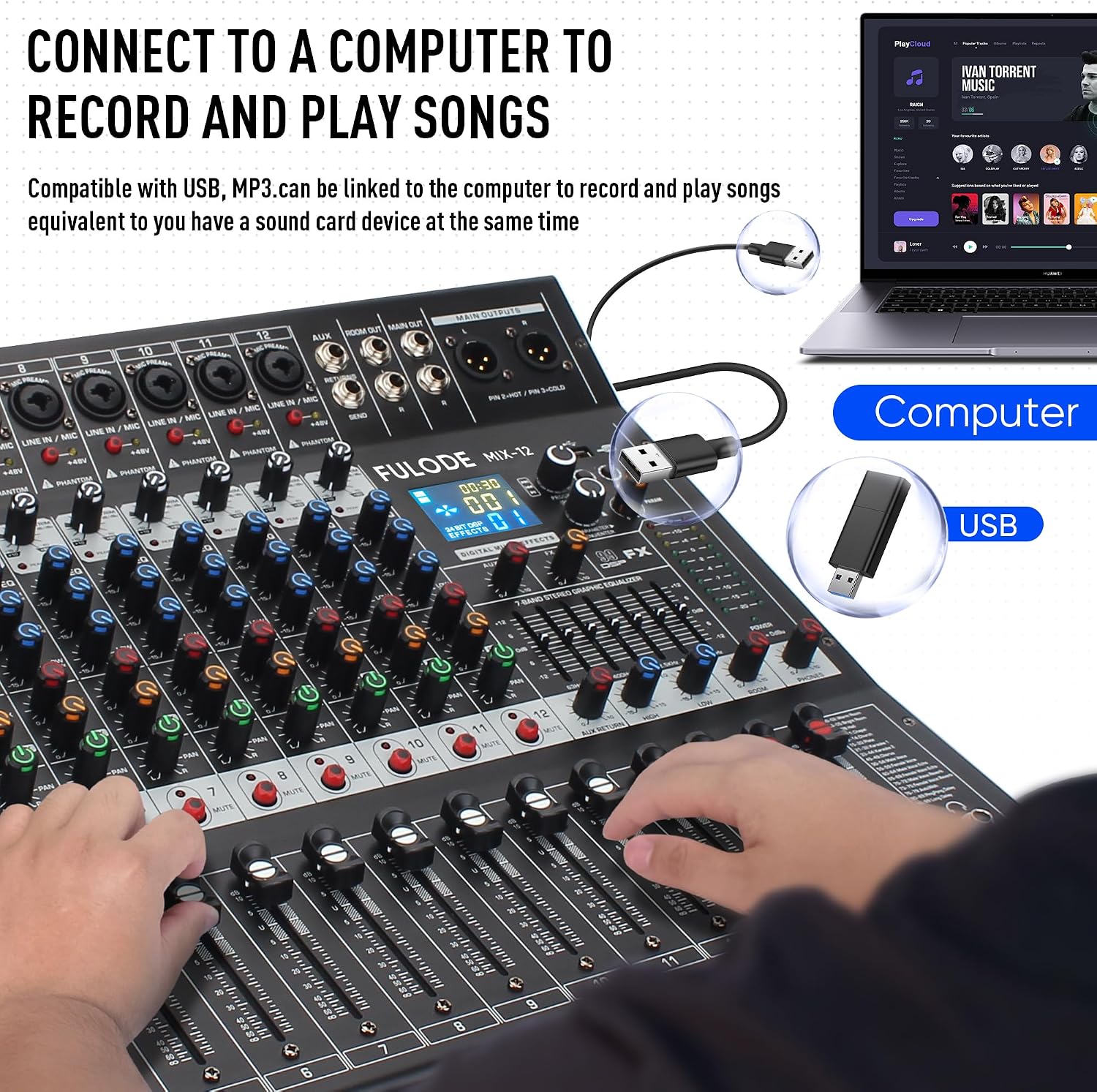 12-Channel Bluetooth Studio Audio Mixer 99 Bit DSP Digital Processor w/USB MP3 for PC Recording Input, XLR Microphone Jack, 48V Power, For Professional and Beginners DJ Mixer