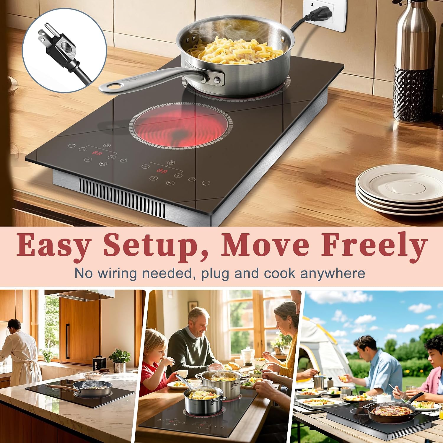 2 Burner Electric Cooktop, 120V Electric Stove Top Touch Control, 12 Inch Double Burner Countertop 2000W with Timer & 9-Level Adjustment, Child Lock, Built-in Radiant Plug In Stove Top Pladeca