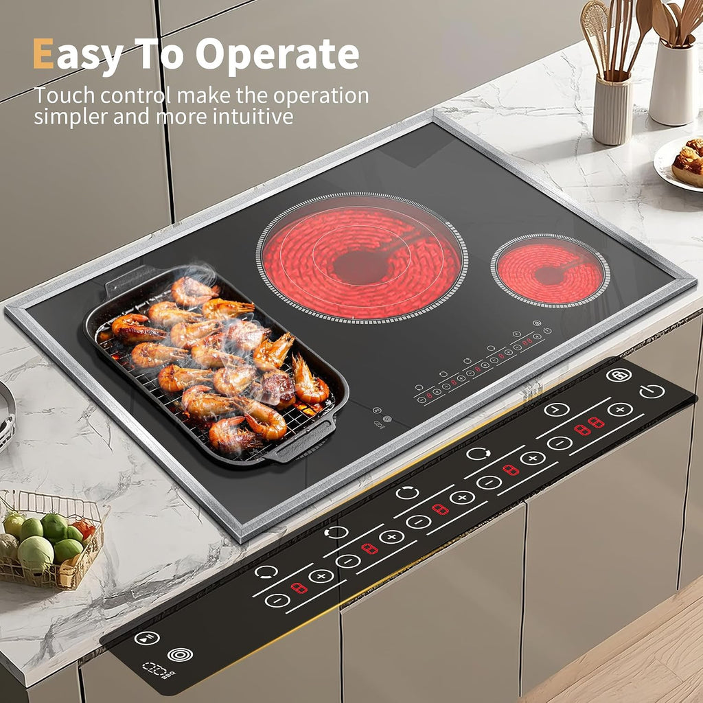 30 Inch Electric Cooktop, 4 Burner Electric Stove Top with Touch Control, 7800W Built-In Glass Stovetop with BBQ & Expandable Zone, 9-Level Adjustable, Child Lock, Timer, 220V-240V Hardwire