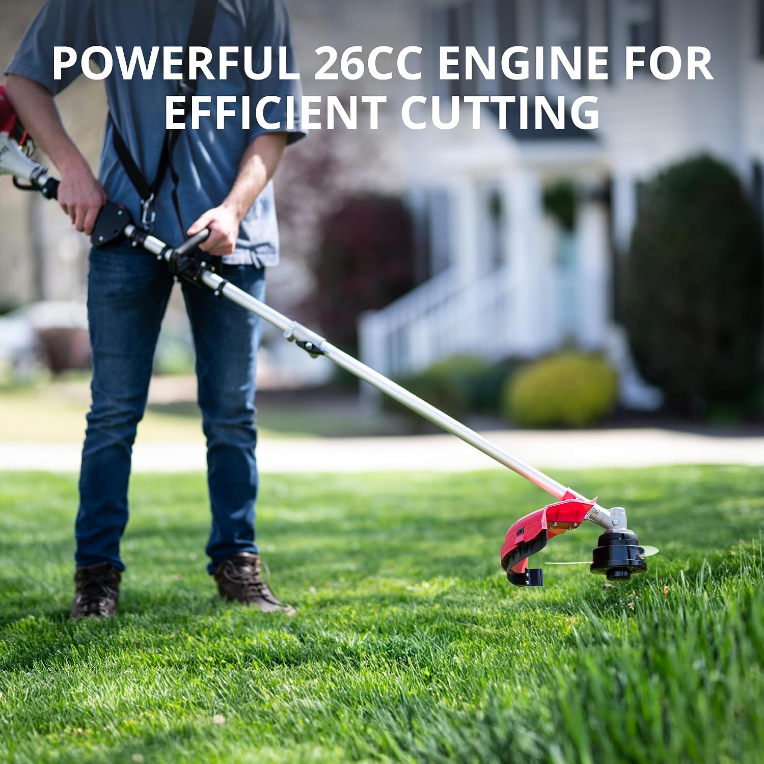 26cc Gas Powered Weed Wacker, 3-in-1 String Trimmer/Edger/Brush Cutter, 2-Cycle Air-Cooled Engine, 16' Cutting Width, 10' Brush Blade, Rubber Handle & Shoulder Strap, Quick Start