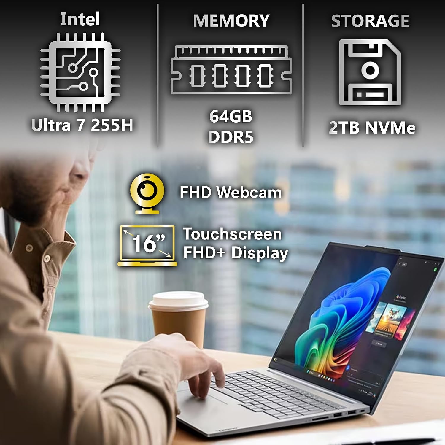 Lenovo ThinkBook 16 Gen 8 AI Business Laptop, 16' Touchscreen FHD+, Intel Ultra 7 255H, 64GB DDR5, 2TB NVMe, WiFi 6E + BT, HDMI, Fingerprint Reader, Backlit Keyboard, FHD Webcam, Win 11 Pro